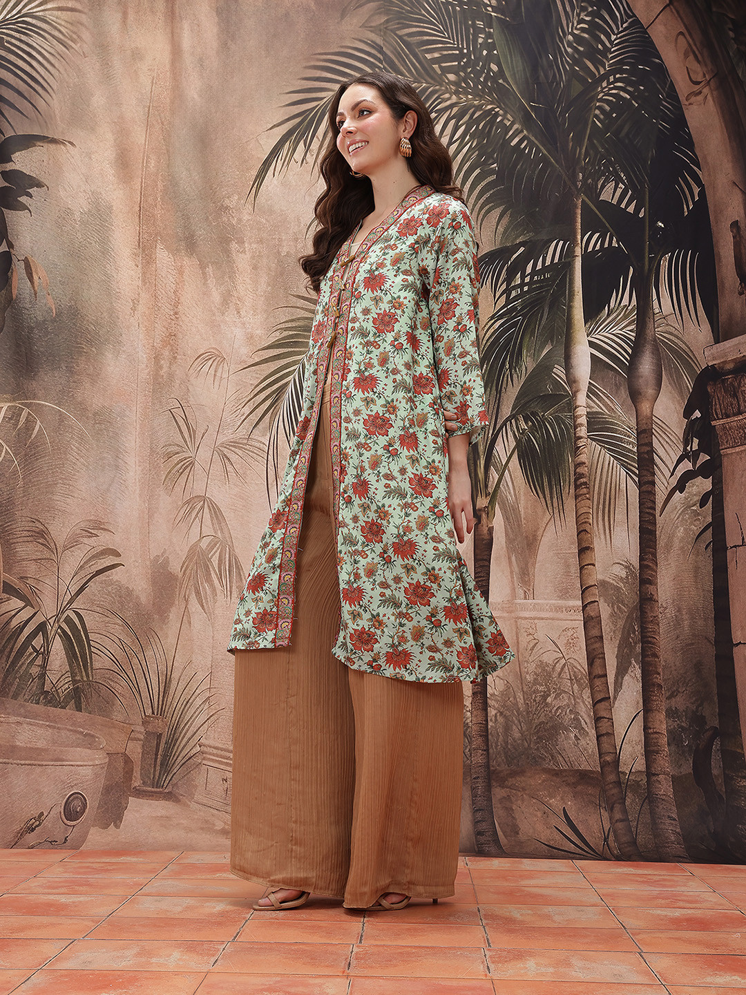 Sangria Herringbone Weave Floral Longline Ethnic Duffle Jacket