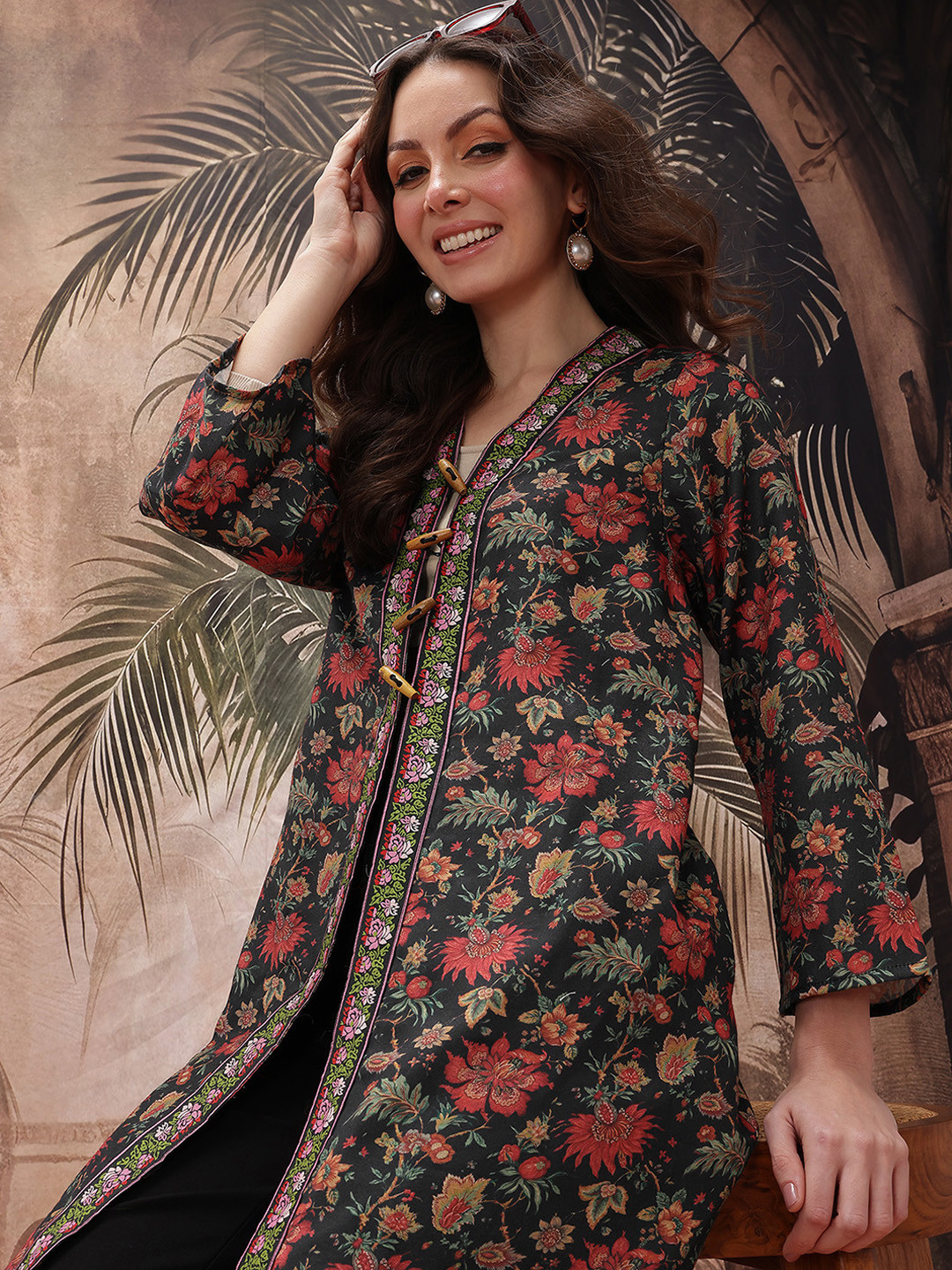 Sangria Herringbone Weave Floral Longline Ethnic Duffle Jacket