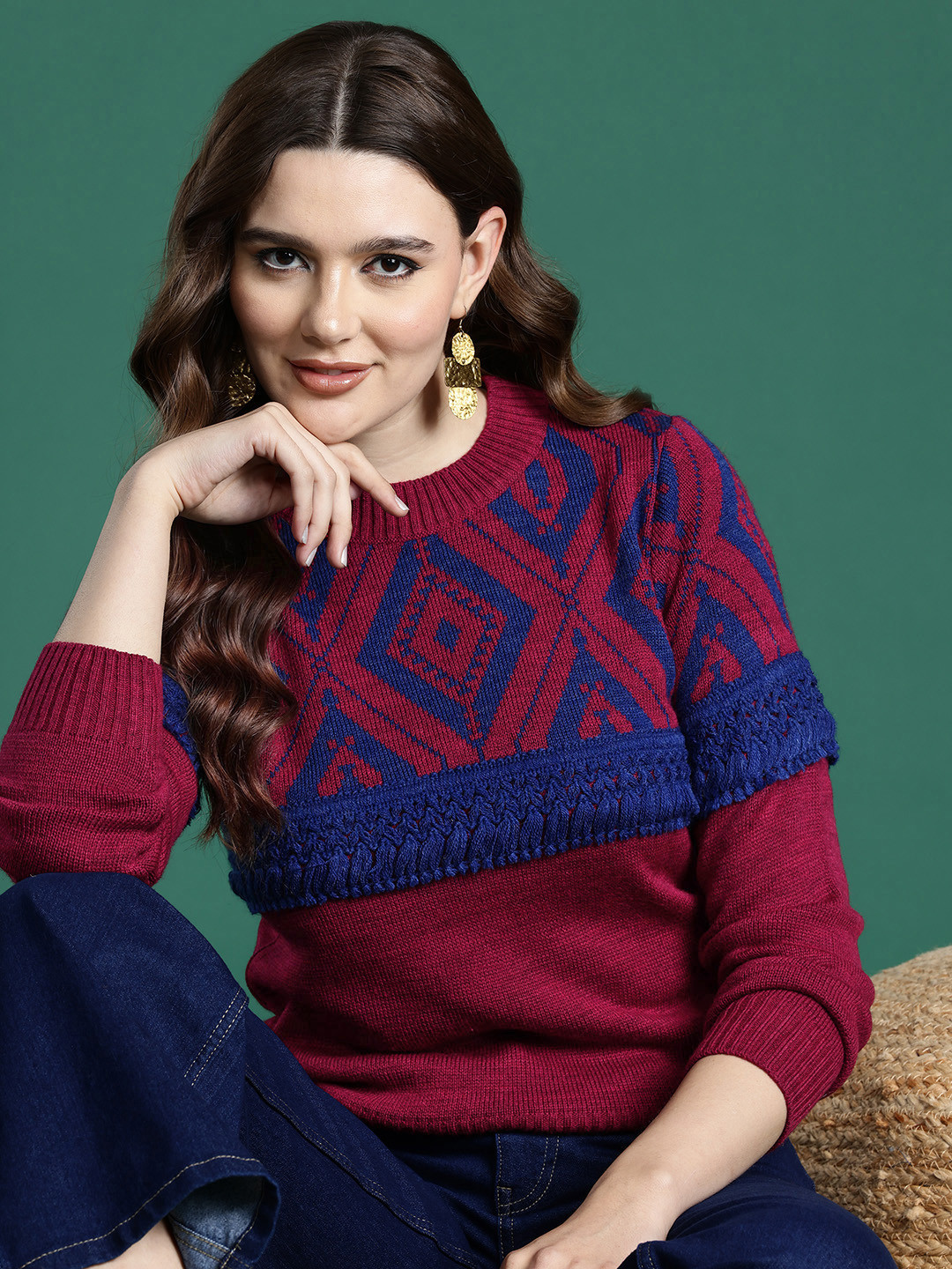 Sangria Geometric Self Design Sweater With Fringed Detail