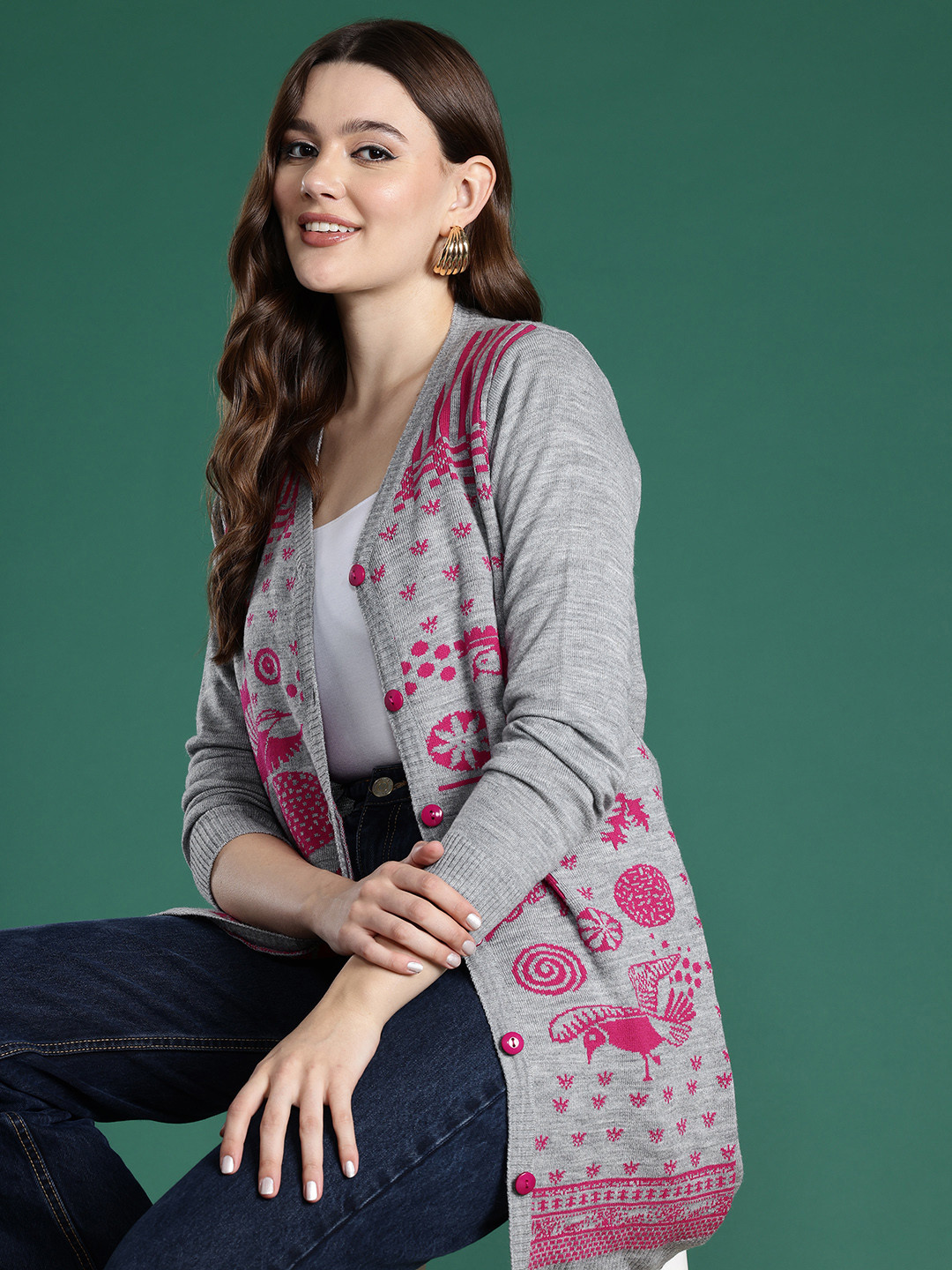 Sangria Self Design Longline Cardigan
