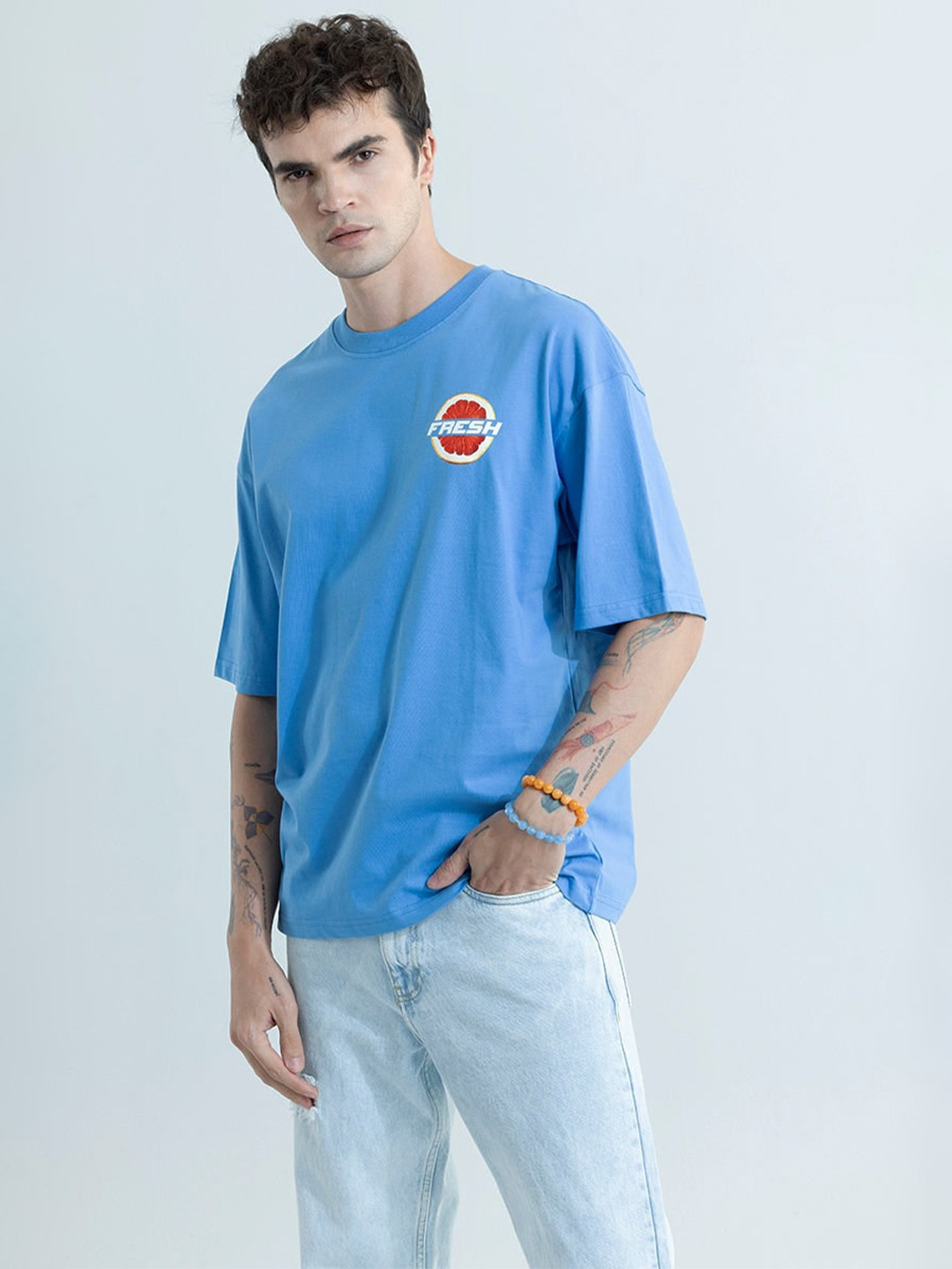 Snitch Blue Graphic Printed Drop-Shoulder Sleeves Oversized Cotton T-shirt