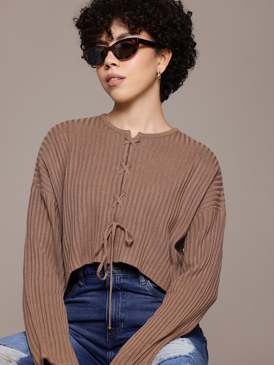 The Roadster Lifestyle Co. Pure Acrylic Ribbed Lace-Up Closure Crop Cardigan