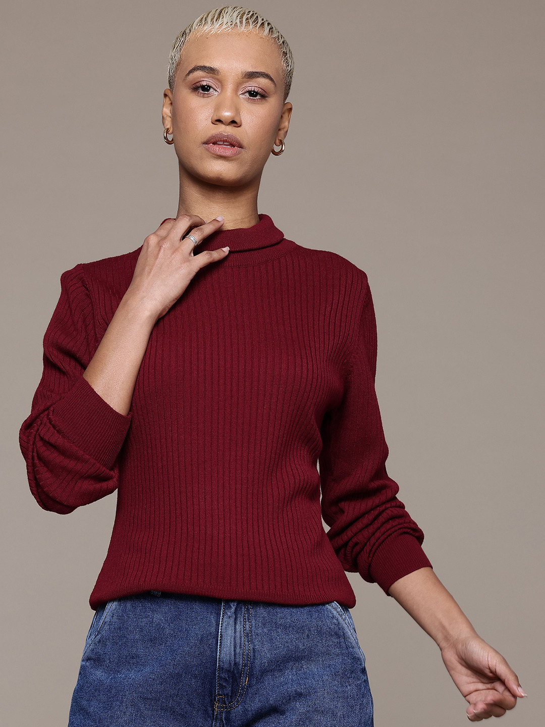 The Roadster Lifestyle Co. Cherry Red Turtle Neck Ribbed Pullover