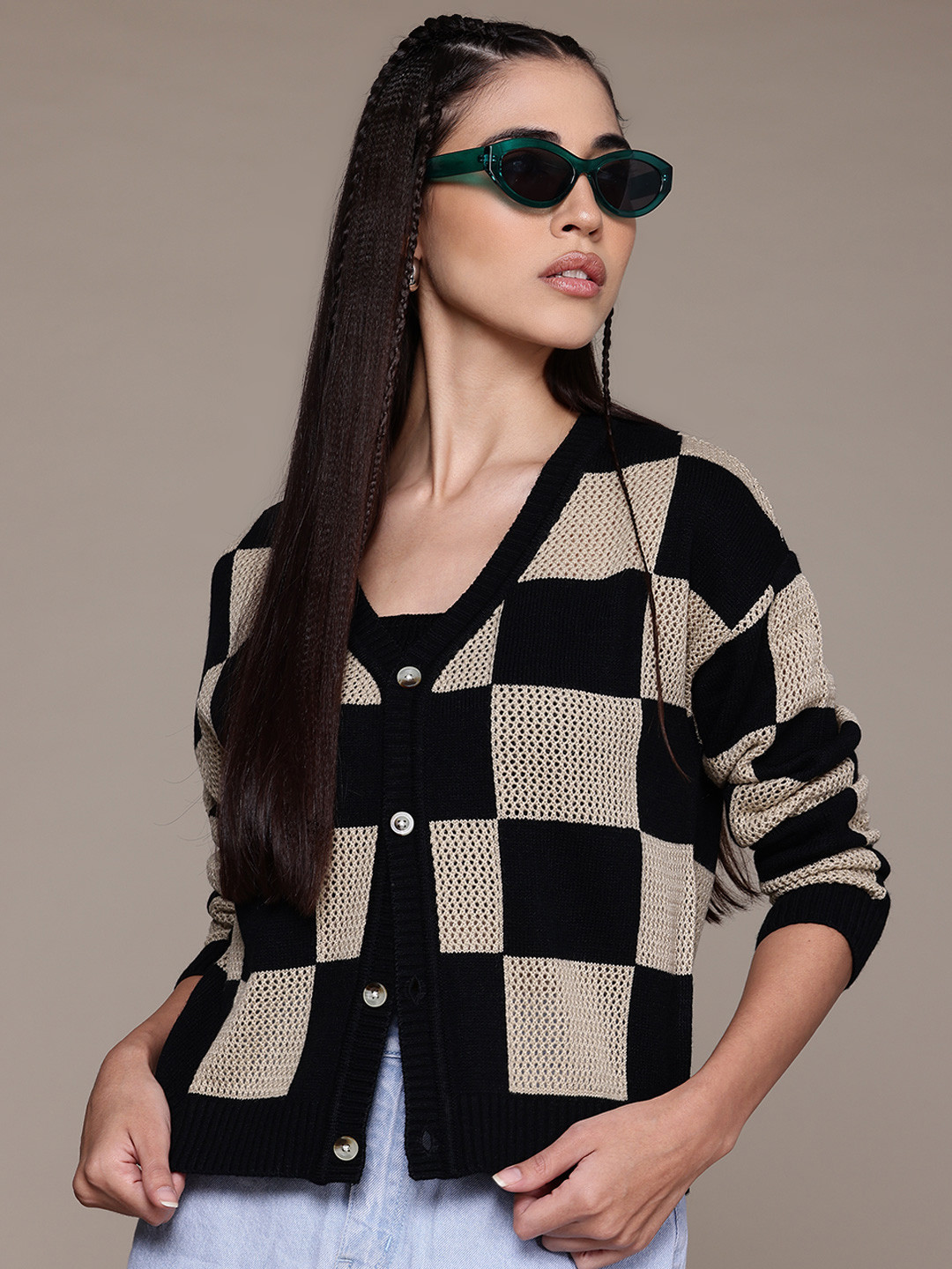 The Roadster Lifestyle Co. Checked Cardigan with Tube Top