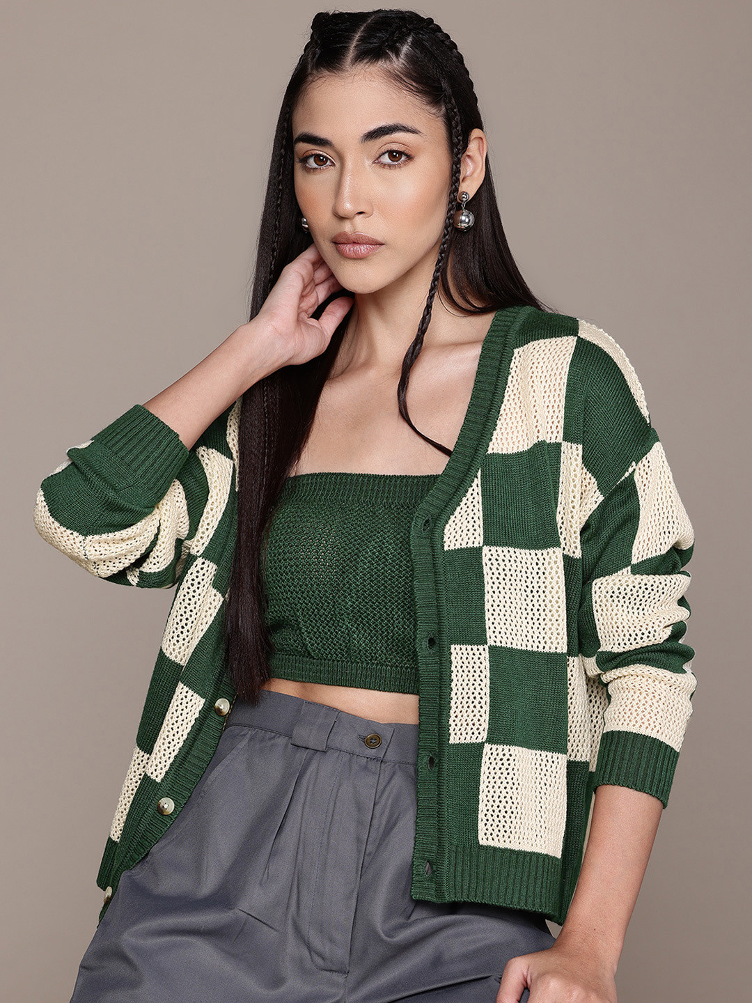 The Roadster Lifestyle Co. Checked Cardigan with Tube Top