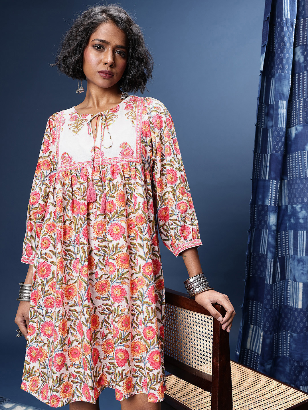 Taavi Printed Keyhole Neck Gathered Pure Cotton A-Line Sanganeri Folk Ethnic Dresses