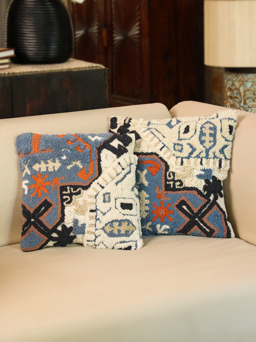 Aura Blue & Black 2 Pieces Abstract Cotton Textured Square Cushion Covers