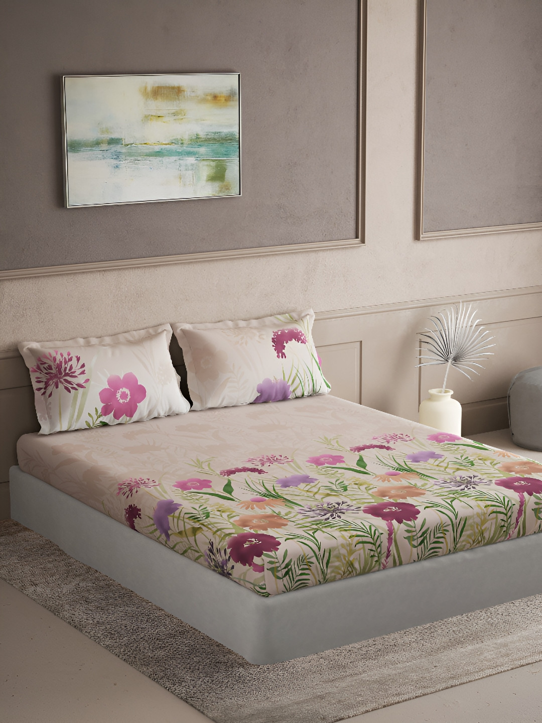 DDecor Pink & Purple Floral Printed Cotton 144 TC King Bedsheet with 2 Pillow Covers