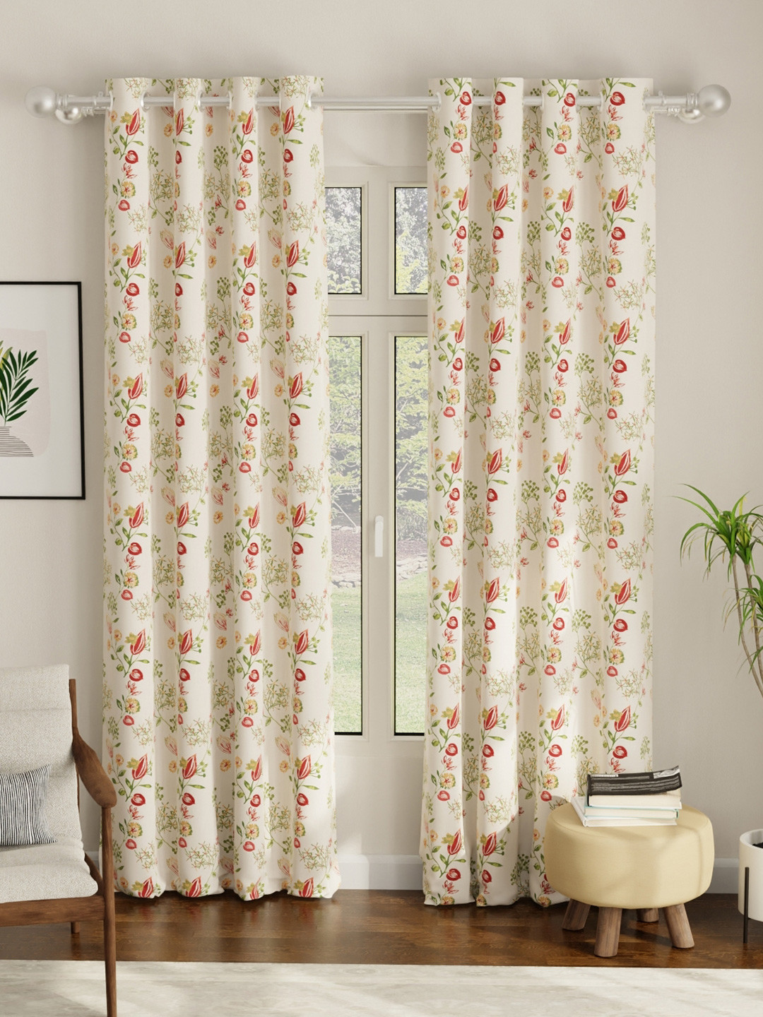 URBAN SPACE Set of 2 White & Red Floral printed Room Darkening Door Curtains