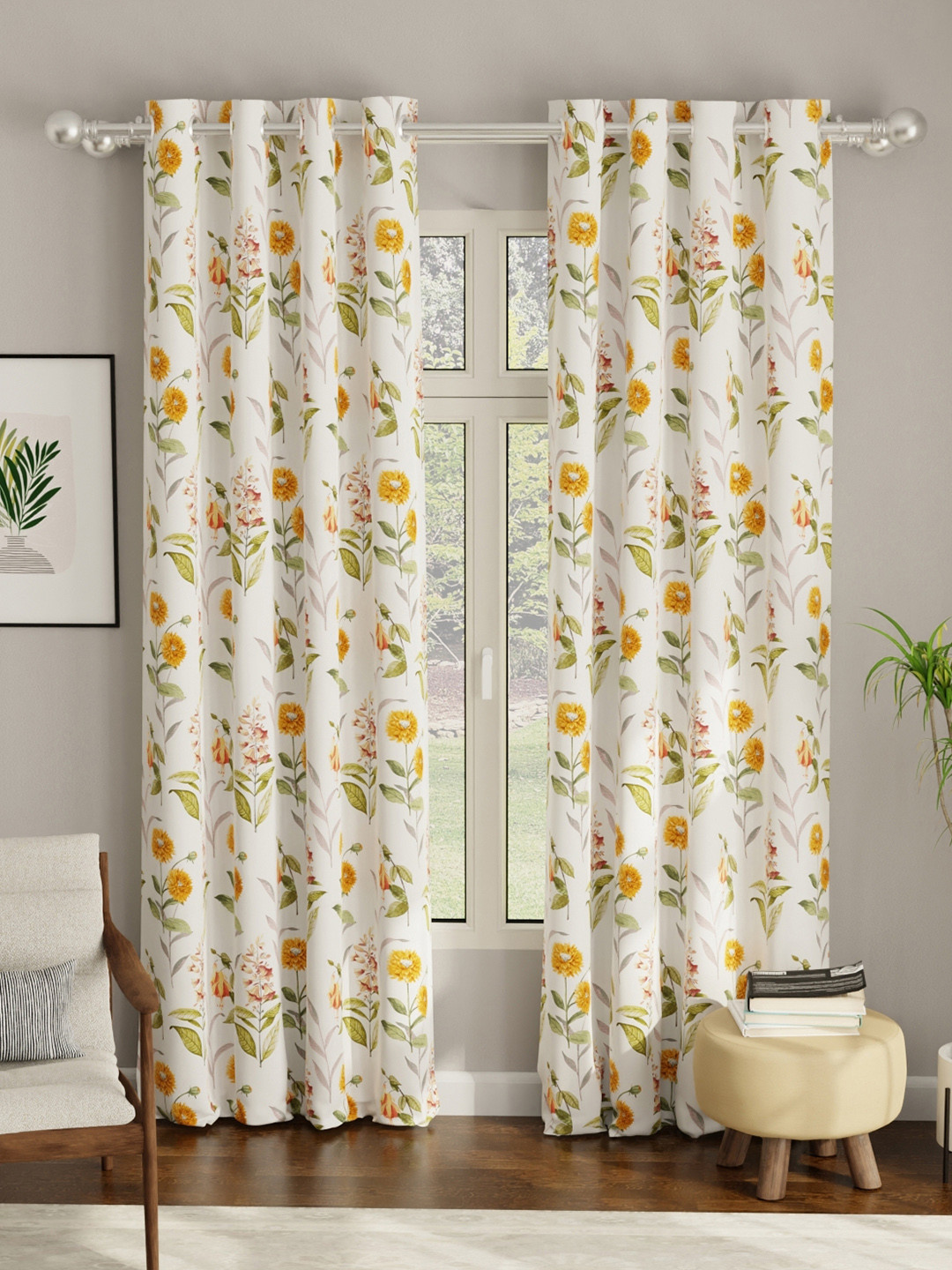 URBAN SPACE Set of 2 White & Yellow Floral Printed Room Darkening Door Curtains