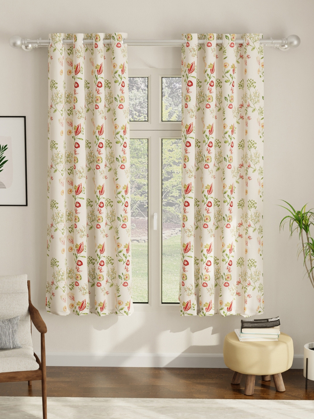 URBAN SPACE Pack of 2 White & Red Floral Printed Room Darkening Window Curtain