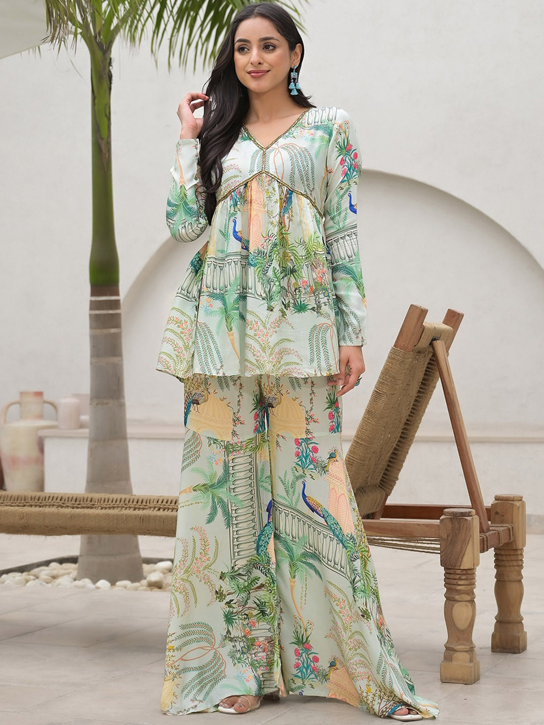 Divena Printed Sequinned Muslin A-Line Top With Palazzos