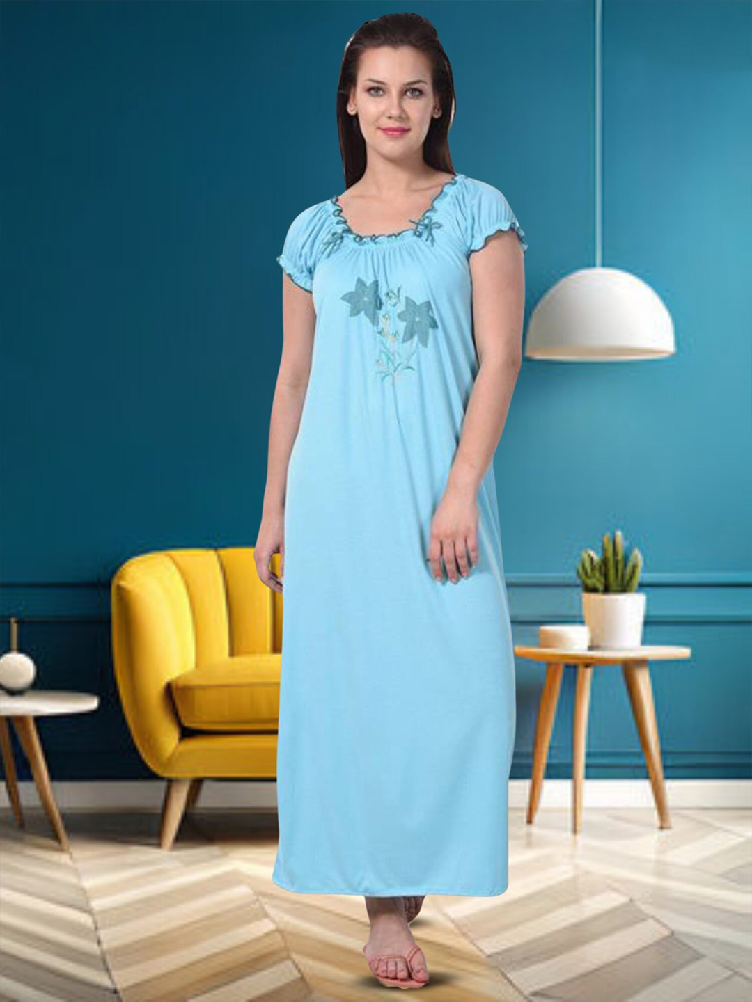 Noty Embroidered Square Beck Puff Sleeves Maxi Nightdress