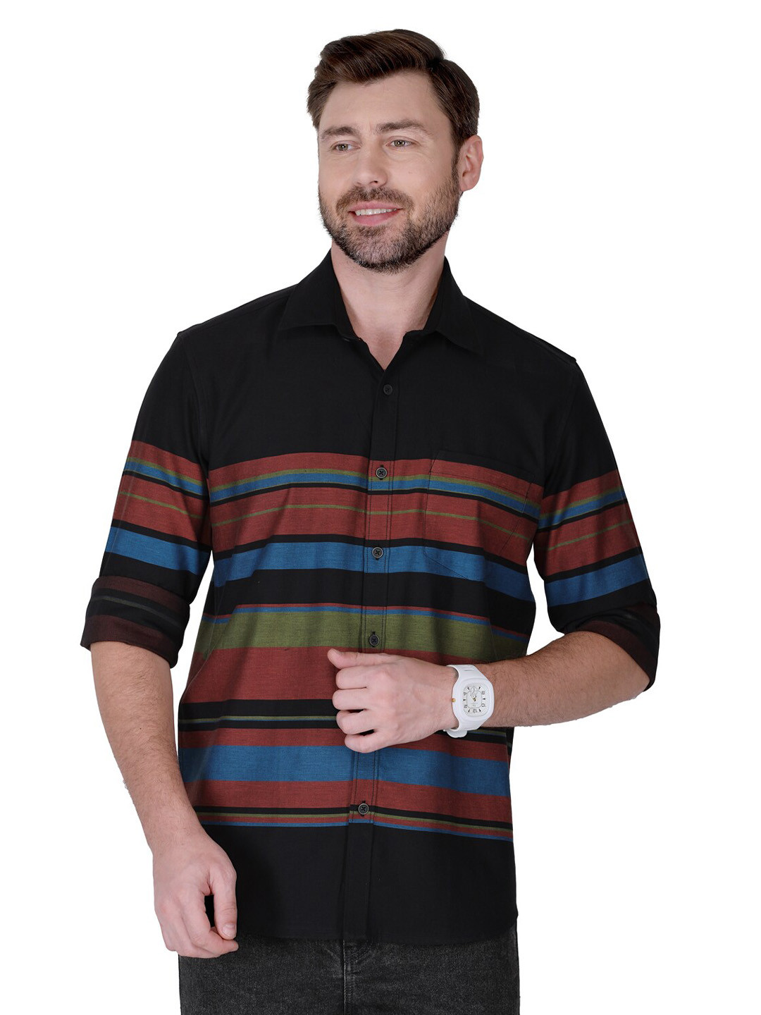 Monterrey SF Relaxed Spread Collar Multi Stripes Opaque Striped Cotton Casual Shirt