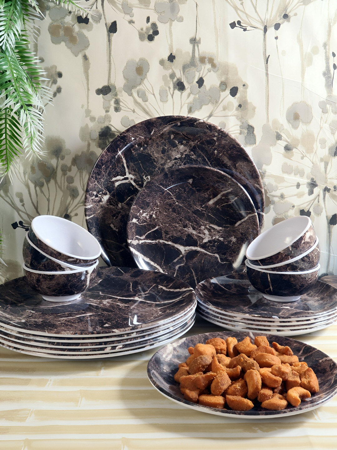 Aura Brown Marble Melamine Dishwasher and Microwave Safe 18 Piece Dinner Set