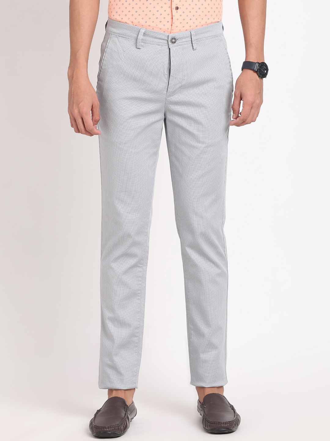 Turtle Men Textured Self Design Cotton Smart Tapered Fit Chinos Trouser