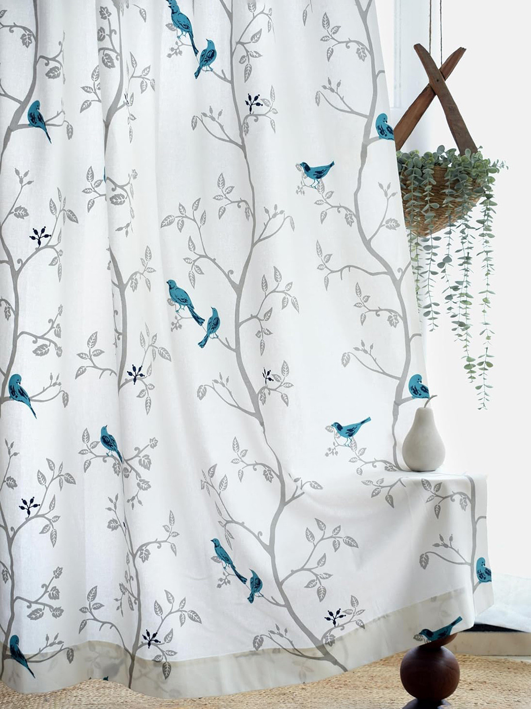 Tranquebar Home Blue & White 2 Pieces Printed Room Darkening Cotton Window Curtains