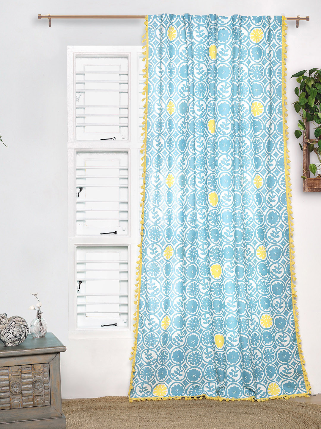 Tranquebar Home Blue & Yellow Floral Printed Room Darkening Cotton Door Curtain
