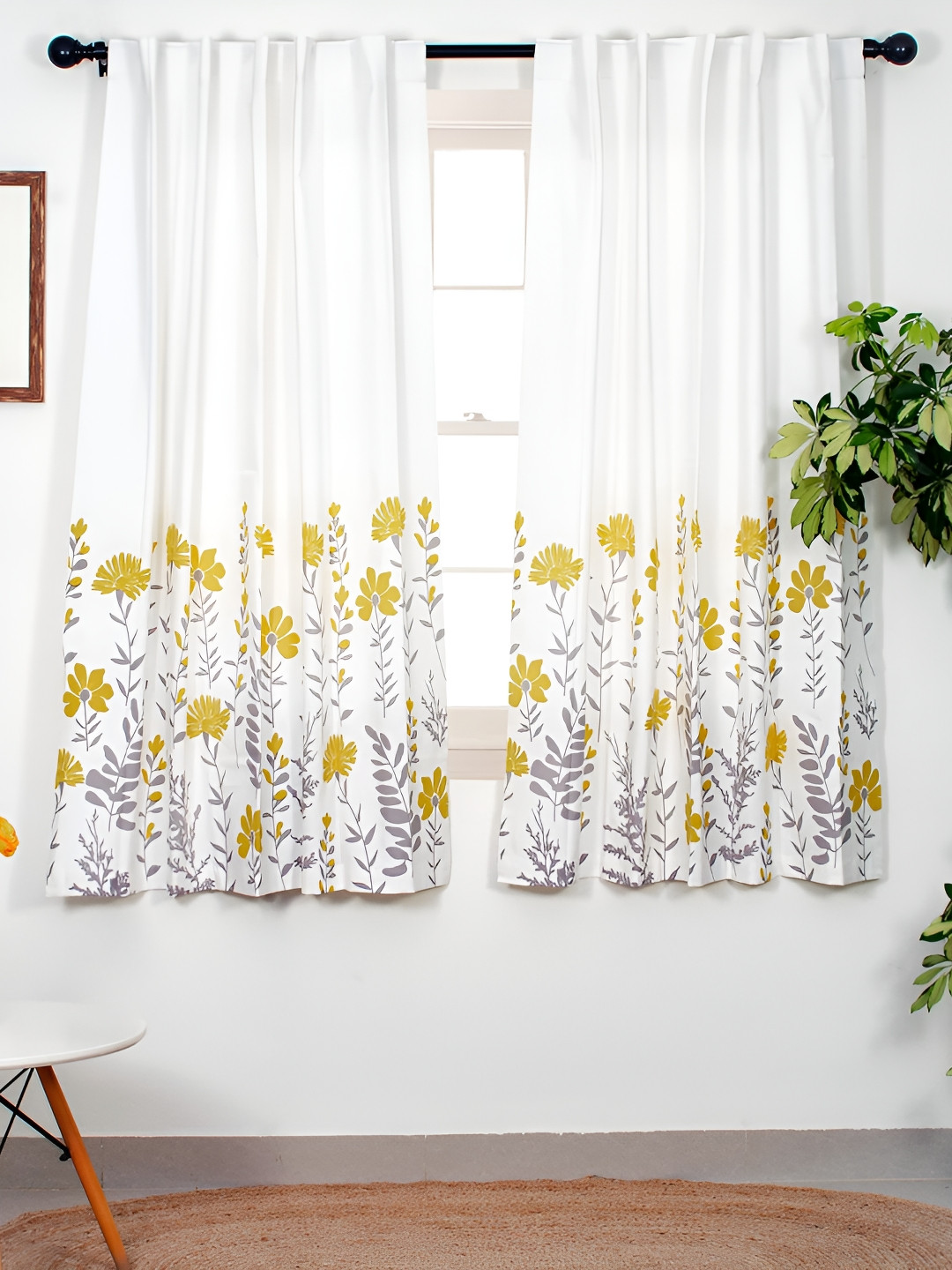 Tranquebar Home Yellow & White 2 Pieces Printed Room Darkening Cotton Window Curtains