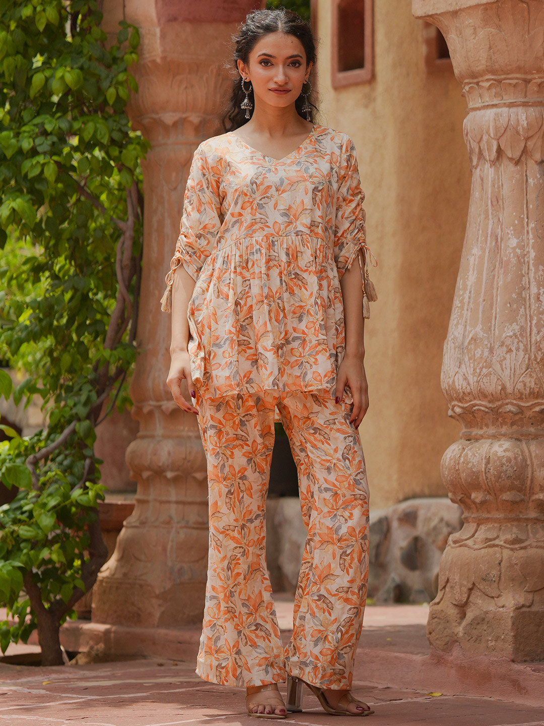 Libas Orange Floral Printed Tunic With Palazzo
