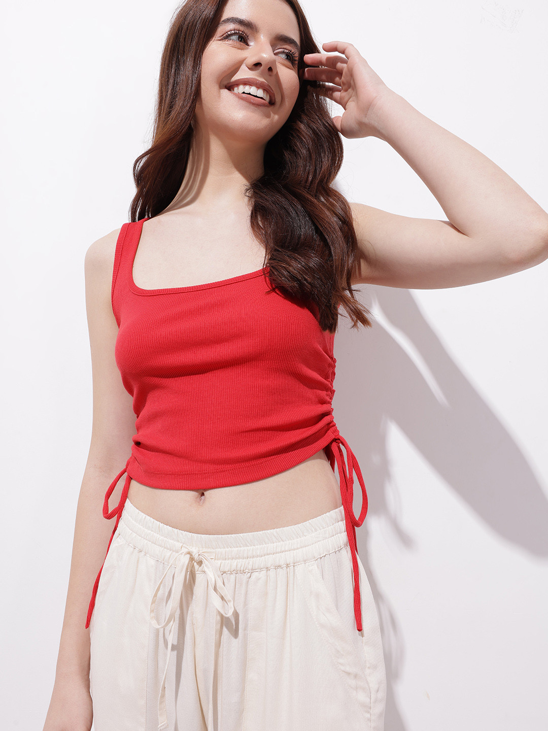 DressBerry Plunge Ruched Side Tie-Up Crop Top