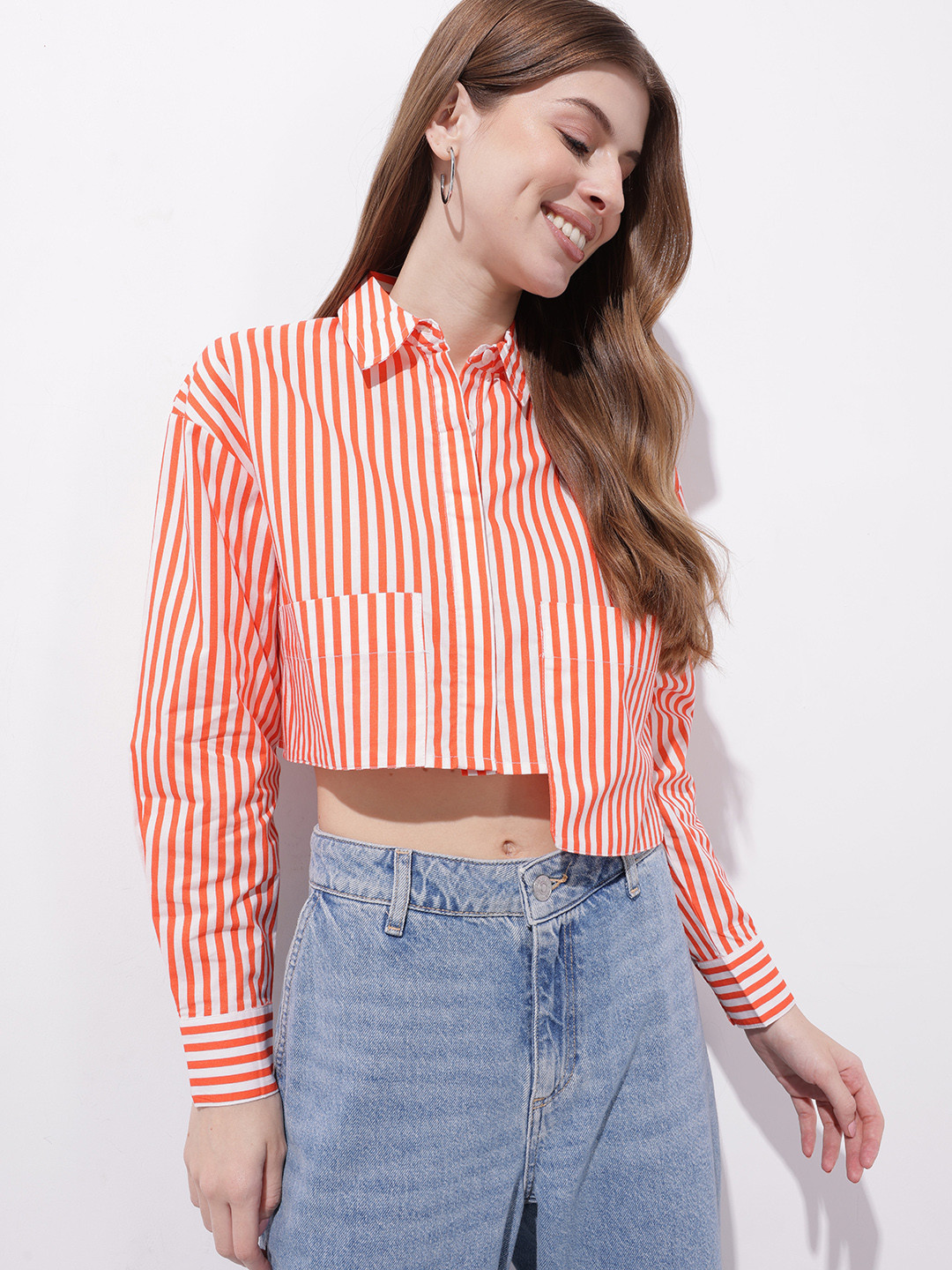 DressBerry Vertical Stripes Chest Pocket Crop Boxy Shirt