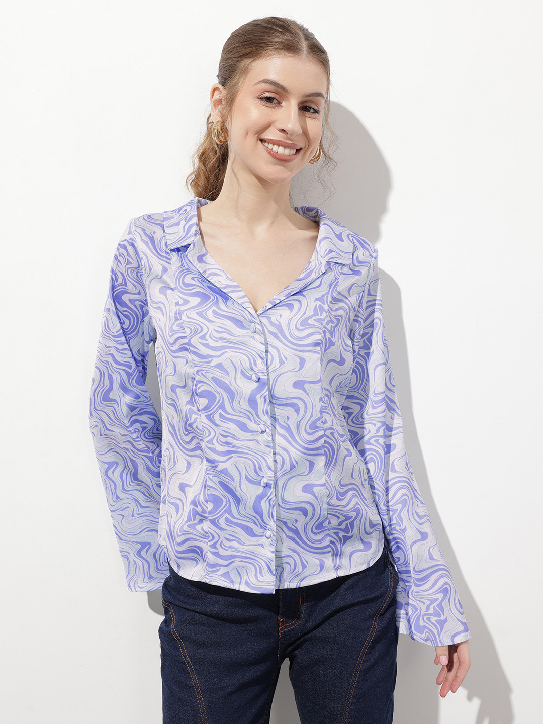 DressBerry Lapel Collar Marble Print Shirt