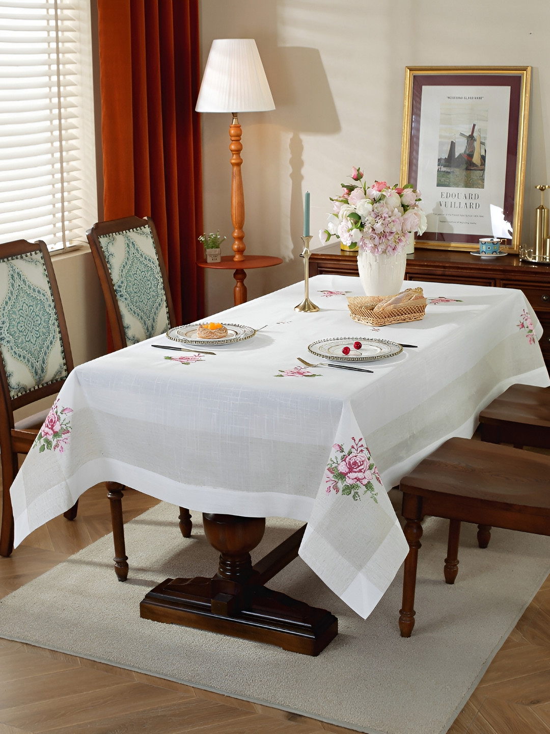 MONKDECOR Pink & White Floral Embroidered Linen Table Cover