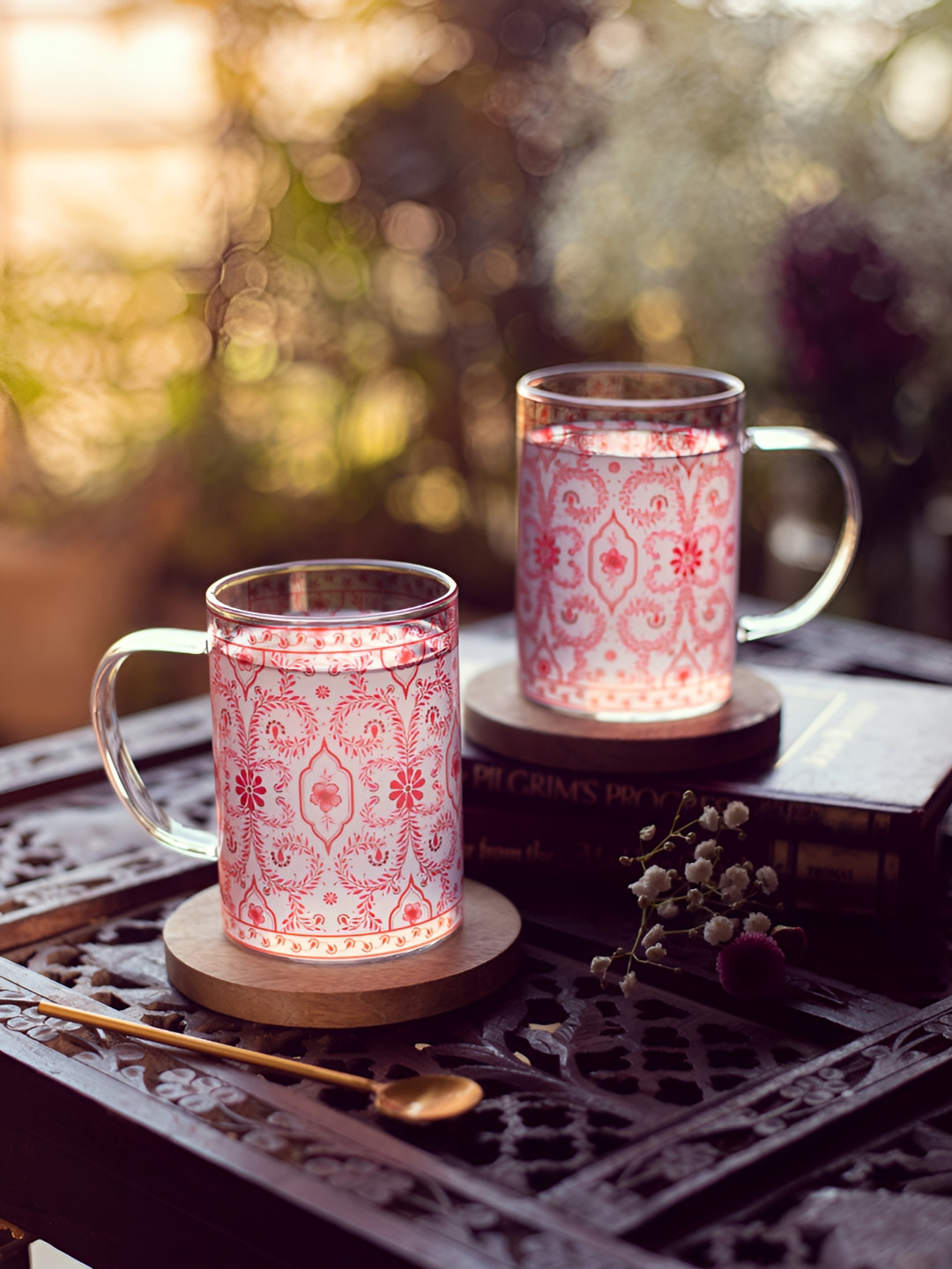 Strokes by Namrata Mehta Attractive Red Floral Glass Microwave Safe 2 Piece Mugs-350ml