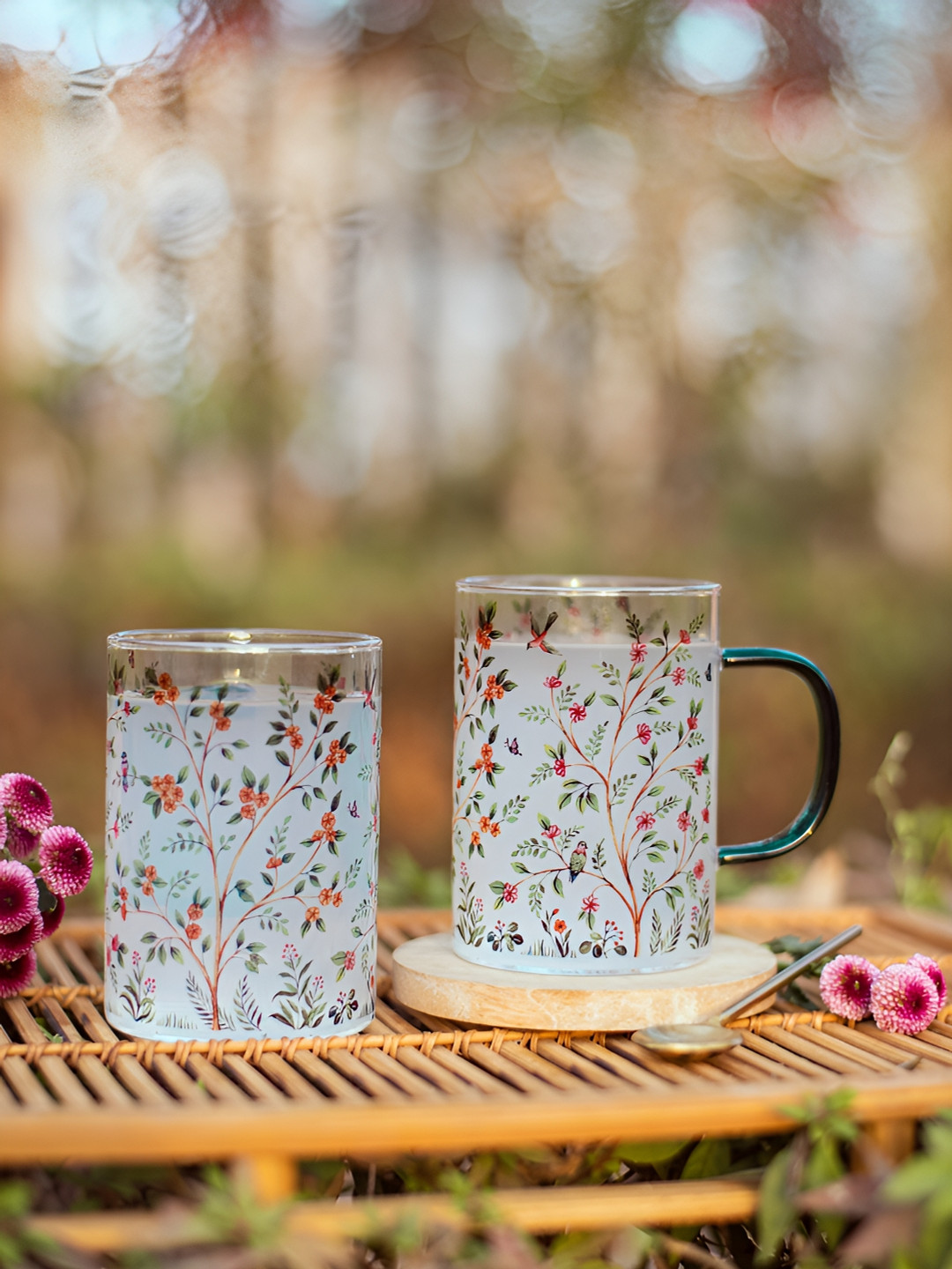 Strokes by Namrata Mehta Jina Name Personalised Green Floral Glass Microwave Safe 2 Piece Mugs-325ml