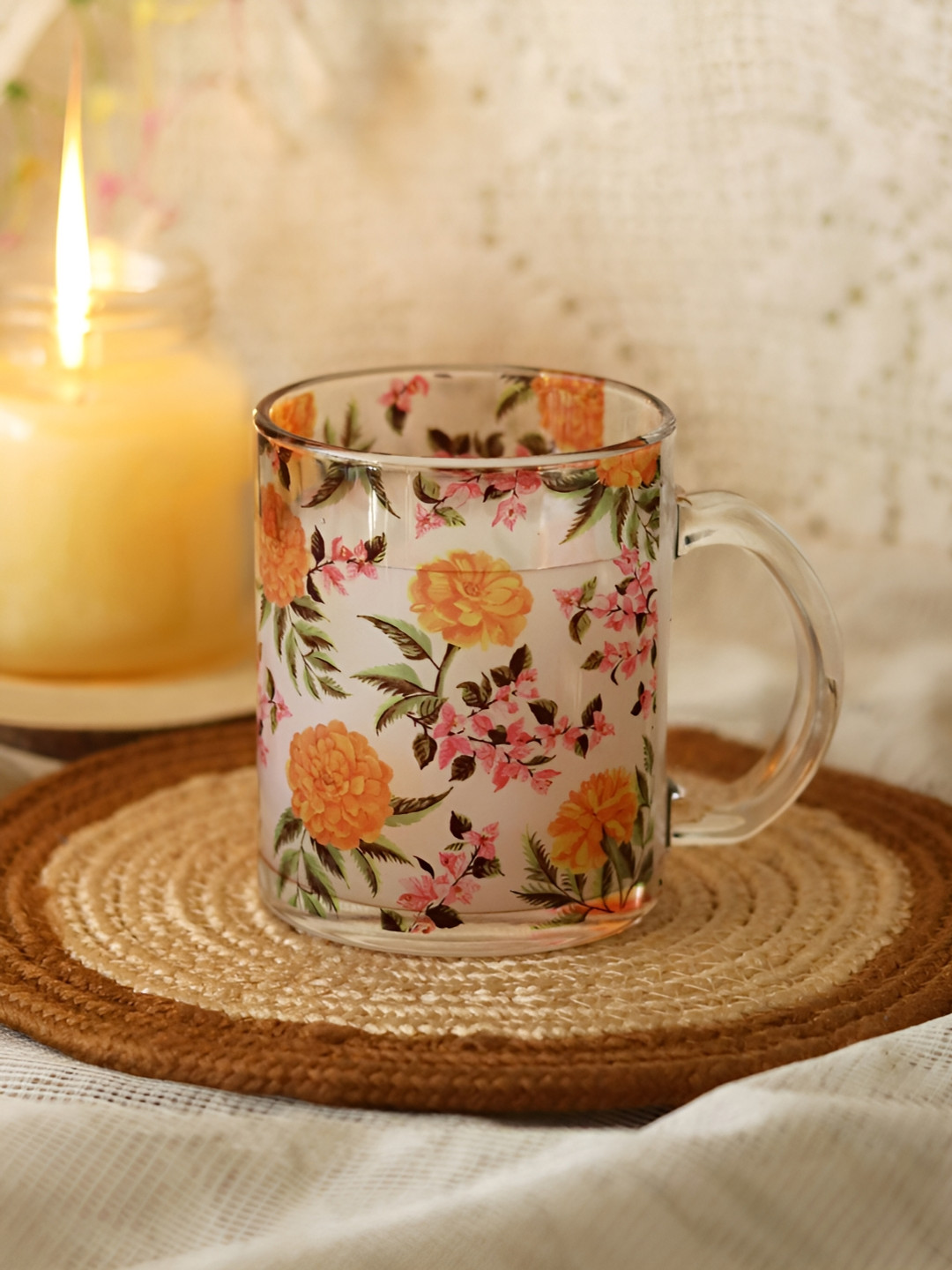Strokes by Namrata Mehta 22k Liquid Marble Gold Design Transparent Floral Glass Microwave Safe Mug-350ml