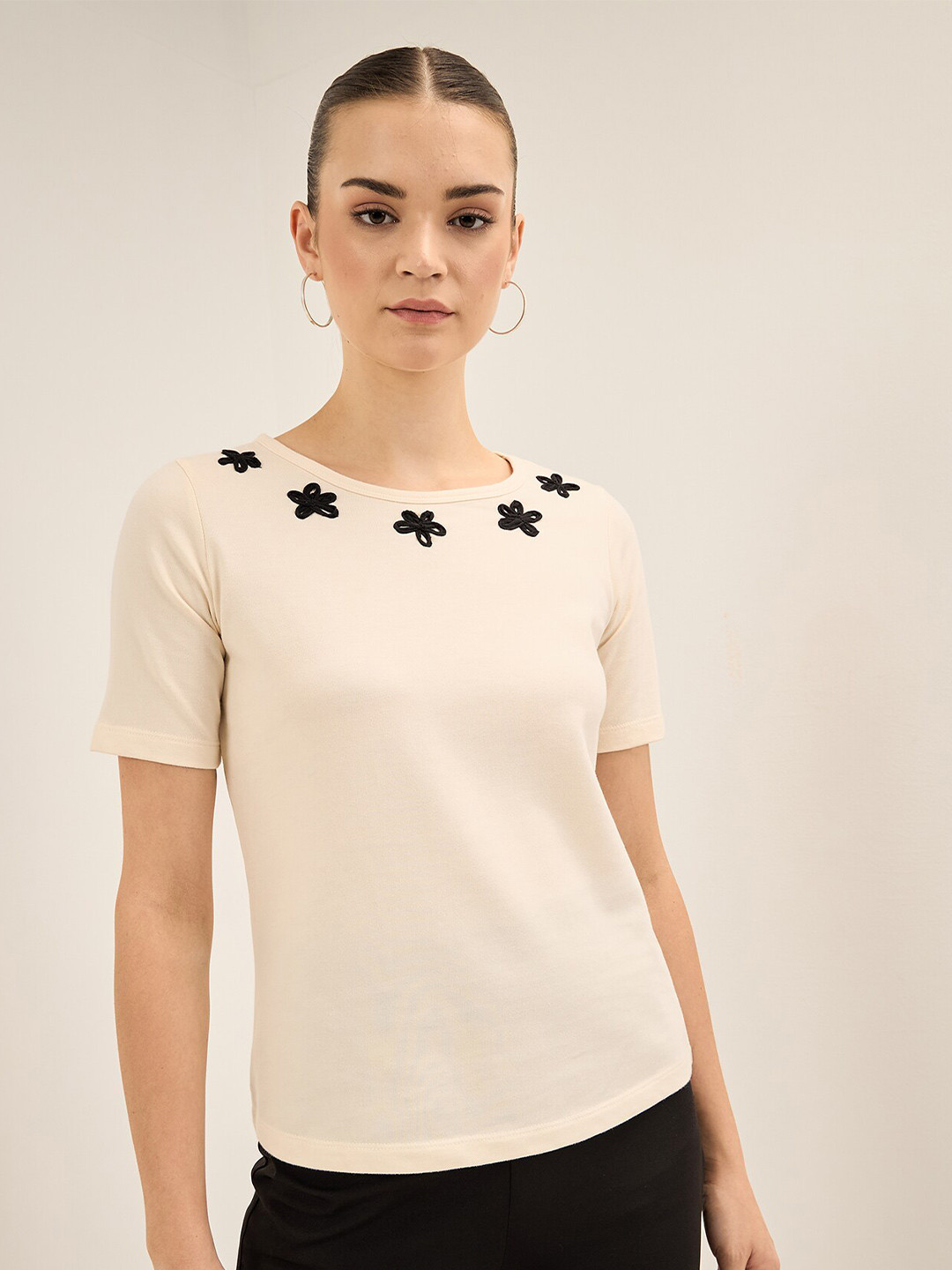 SALT ATTIRE Round Neck Short Sleeves Floral Embroidered Top