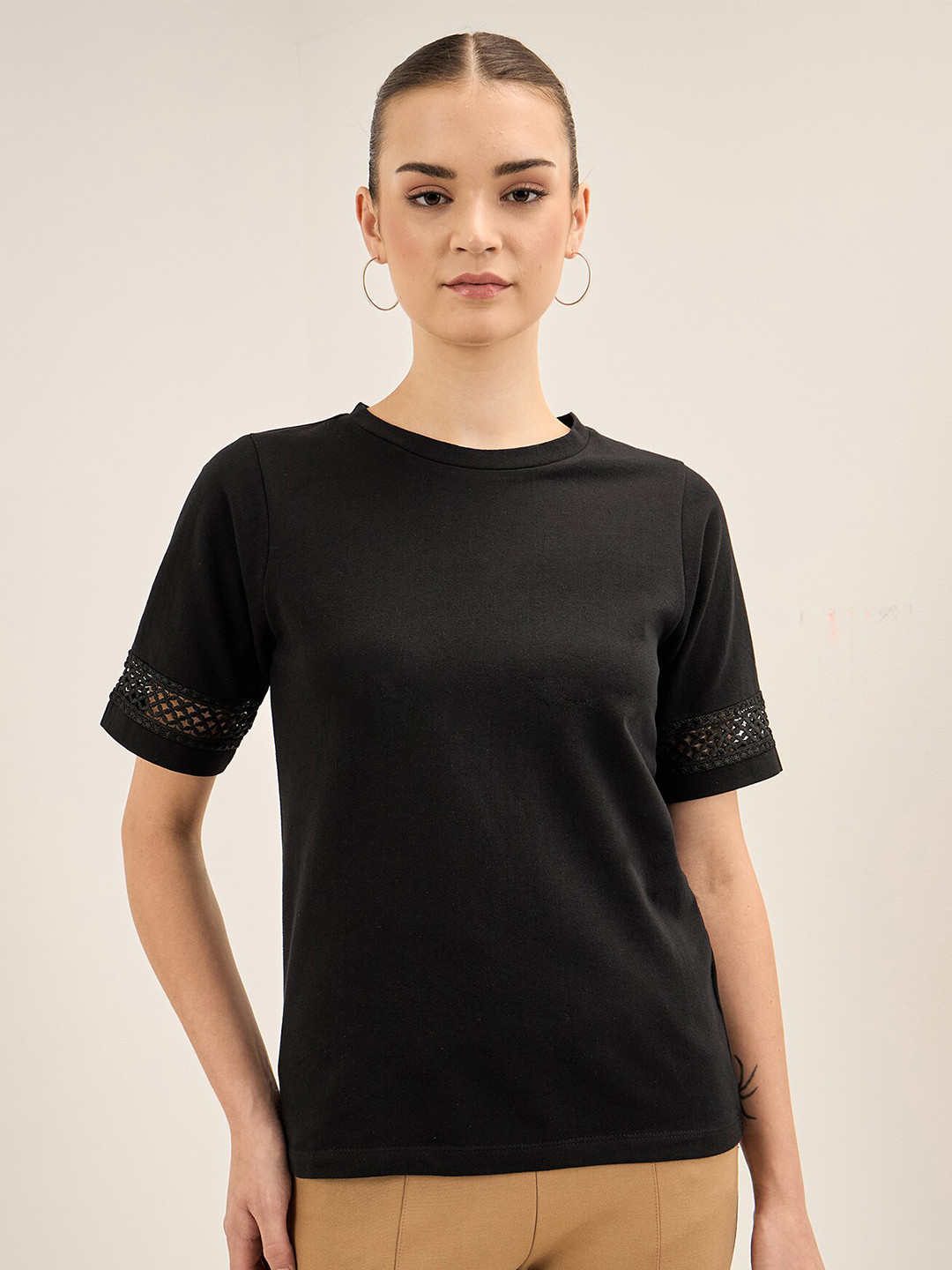 SALT ATTIRE Round Neck Short Sleeves Lace Inserts Regular Top