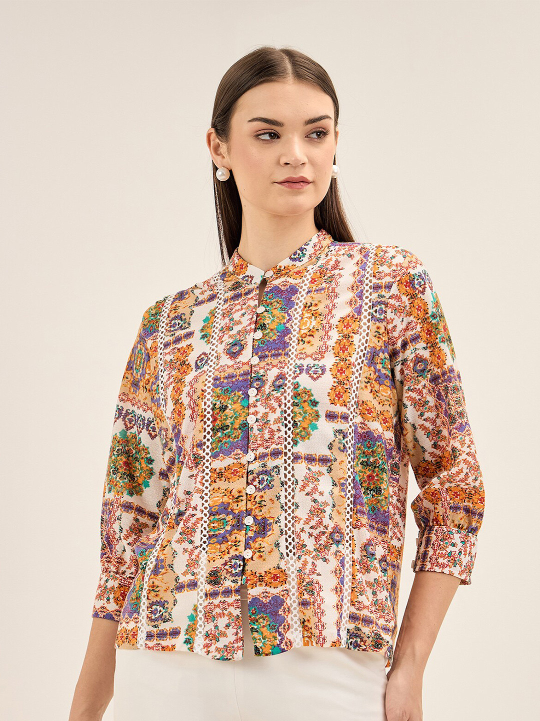 SALT ATTIRE Print Mandarin Collar Shirt Style Top