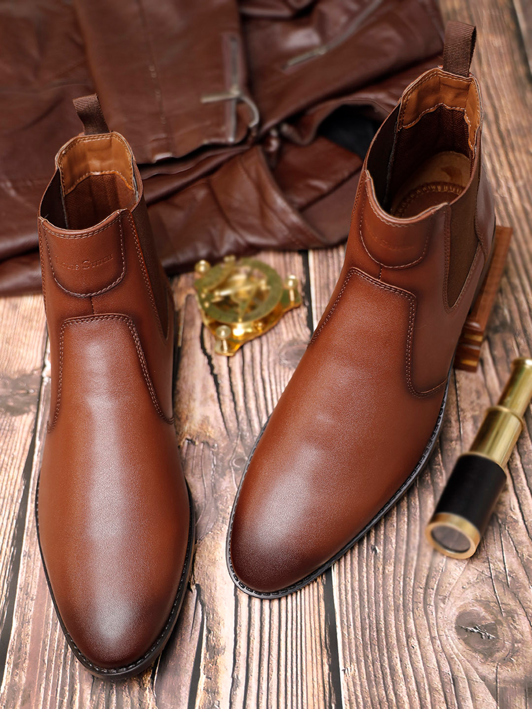 LOUIS STITCH Men Russet Tan Mid-Top Slip-On Chelsea Boots