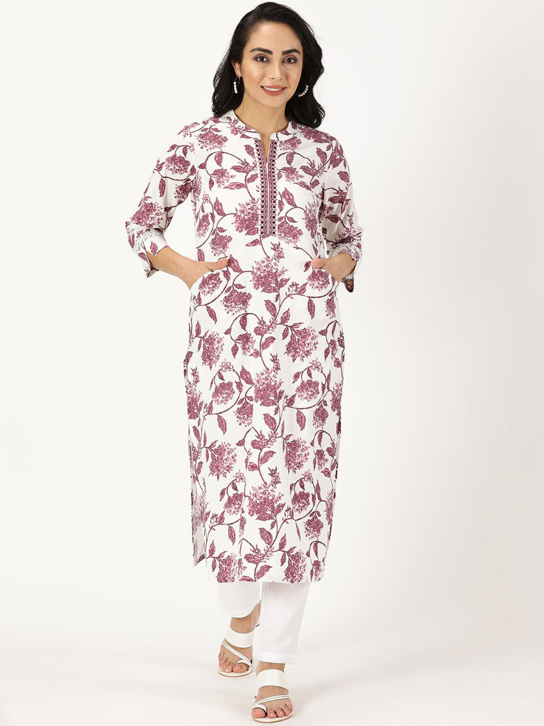 Saffron Threads Women Floral Printed Cotton Linen Thread Work Straight Kurta
