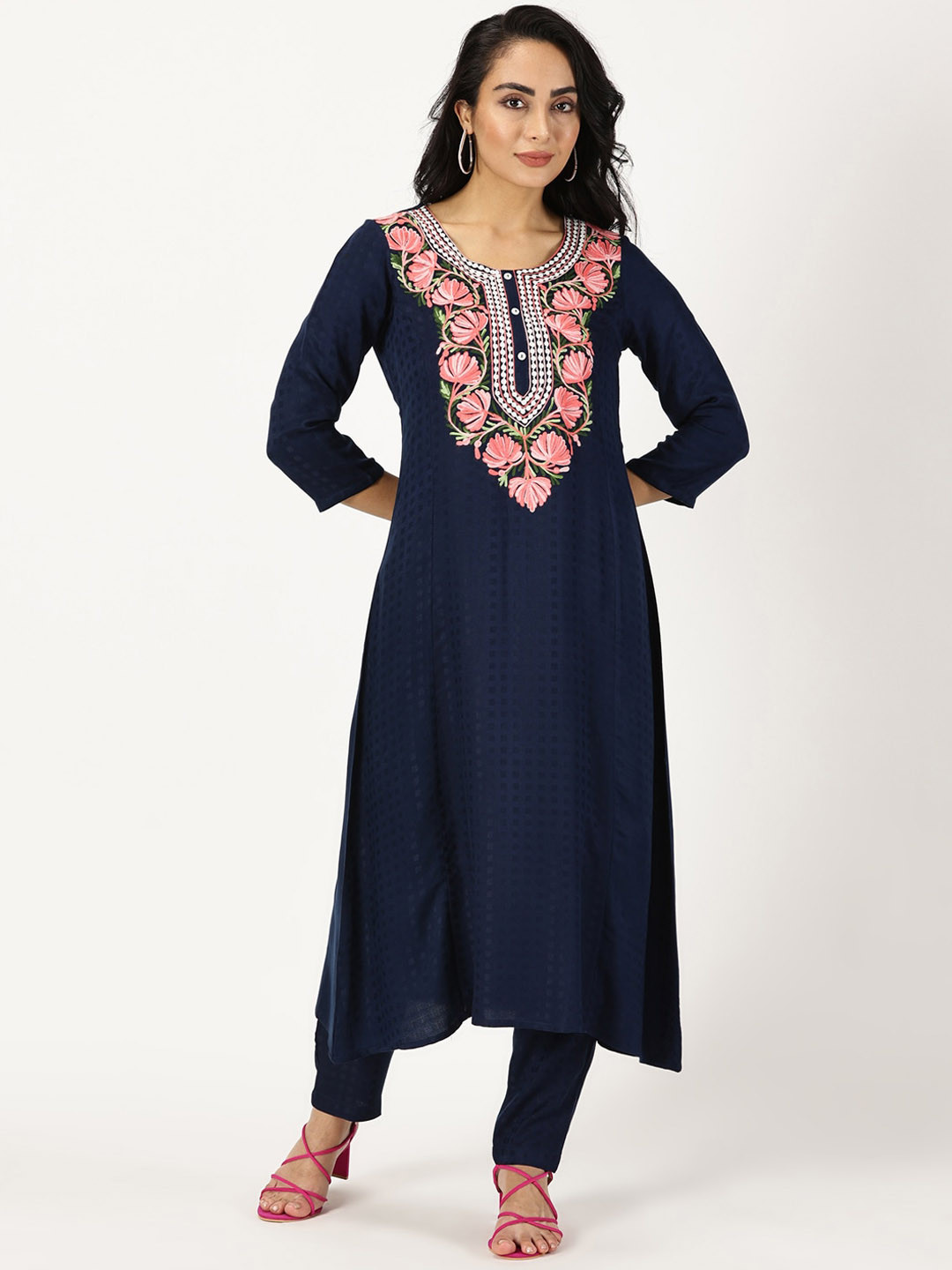 Saffron Threads Floral Embroidered Indigo A-Line Kurta