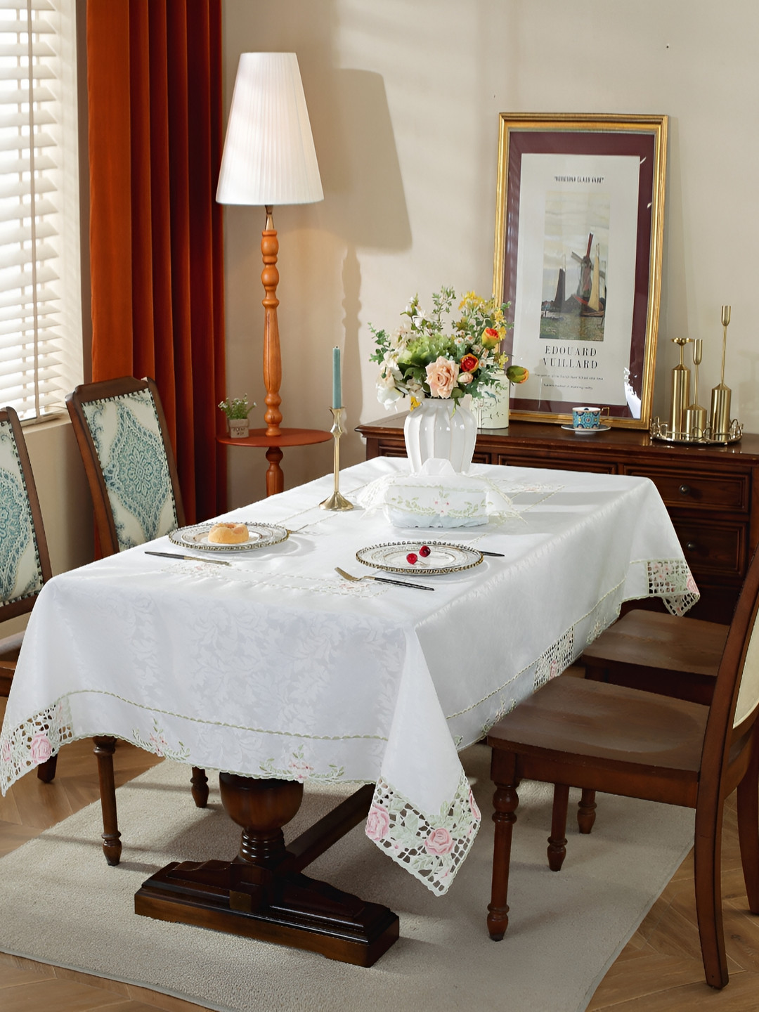 MONKDECOR Pink & White Floral Embroidered Satin Table Cover