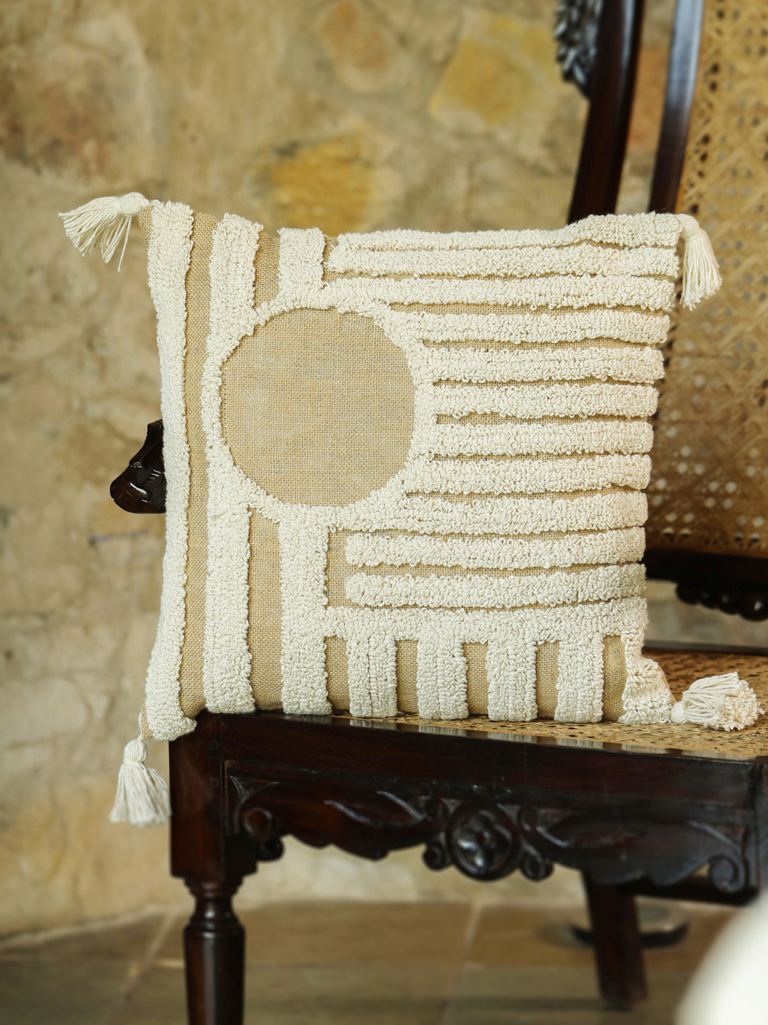 Aura Off White & Beige Cotton Geometric Square Cushion Cover