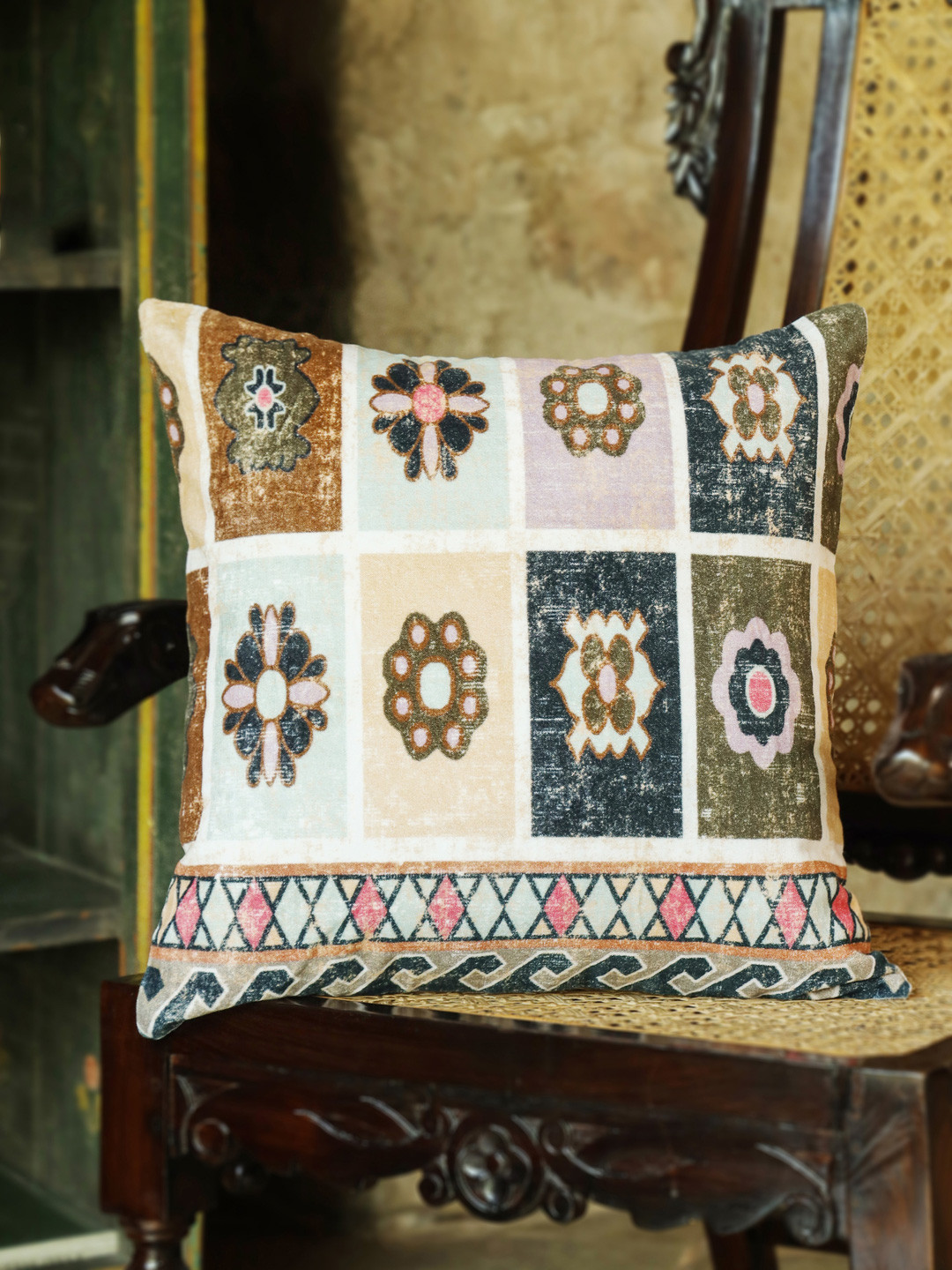 Aura Blue Ethnic Motifs Velvet Washable Square Cushion Covers - 16 x 16 In