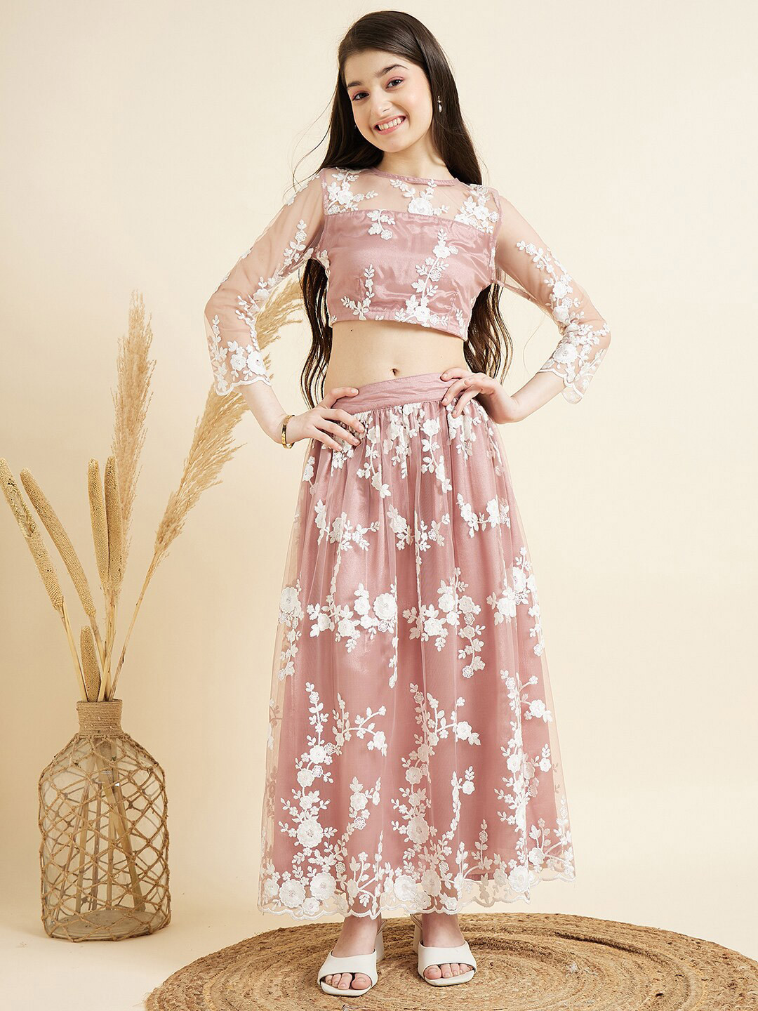 Cherry & Jerry Girls Floral Embroidered Ready To Wear Lehenga With Blouse