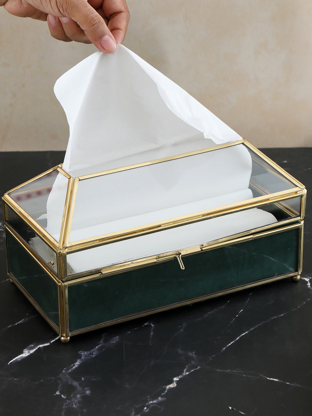 THE HOME CO. Green & Gold Toned Textured Glass Tissue Holder