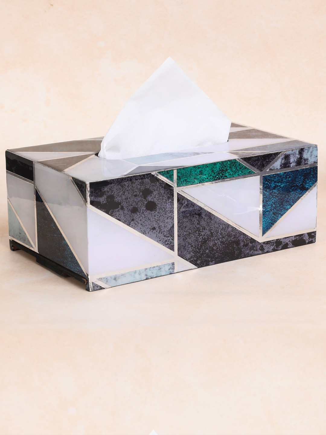 THE HOME CO. White & Blue Printed Wooden Tissue Holder