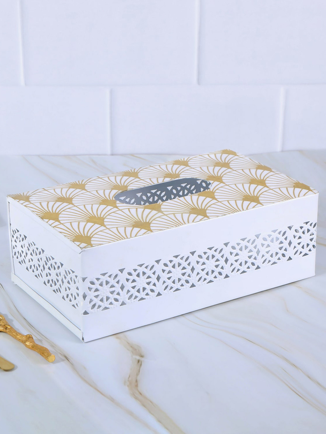 THE HOME CO. White & Gold Toned Printed Metal Tissue Holder