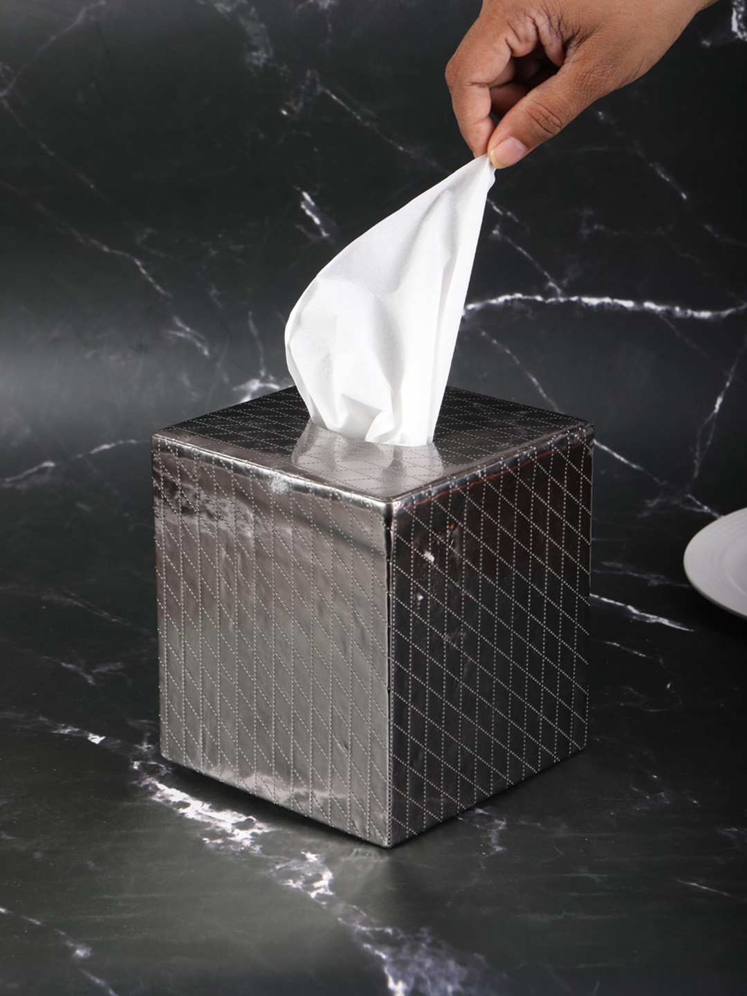 THE HOME CO. Grey Printed Wood Tissue Holder