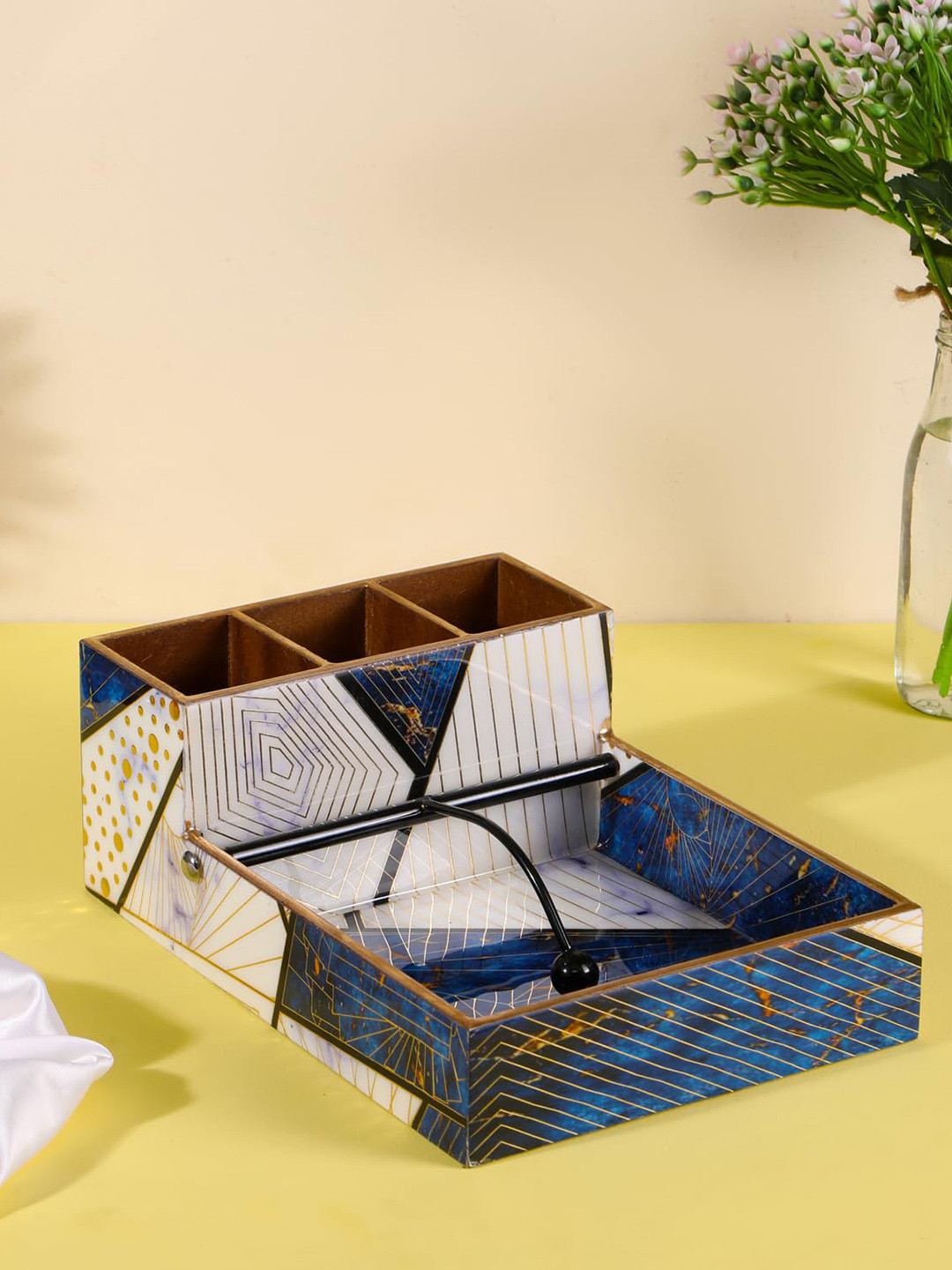 THE HOME CO. Blue & Gold Toned Printed Wooden Tissue Holder
