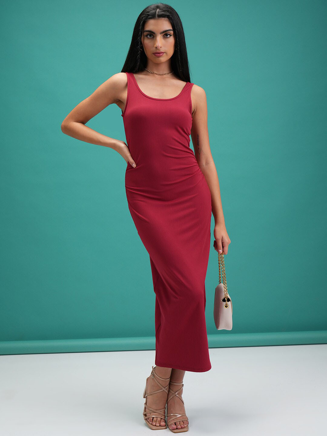 Tokyo Talkies Red Scoop Neck Waist Ruched Tank Dress