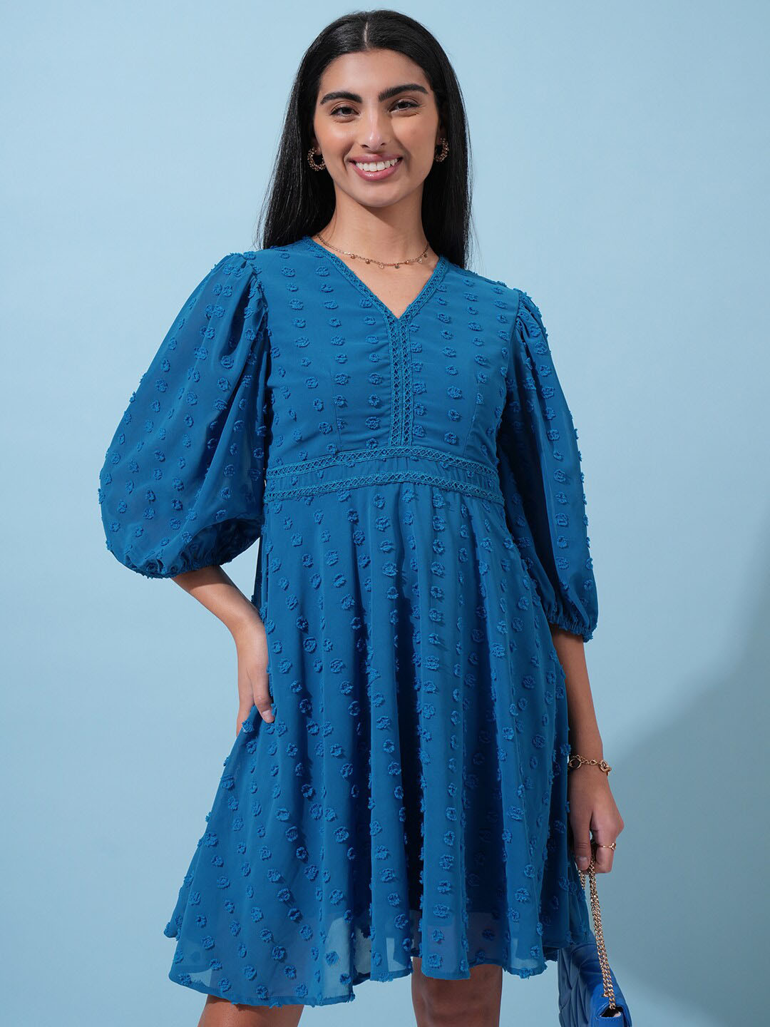 Tokyo Talkies Blue Puff Sleeve Fit & Flare Dress