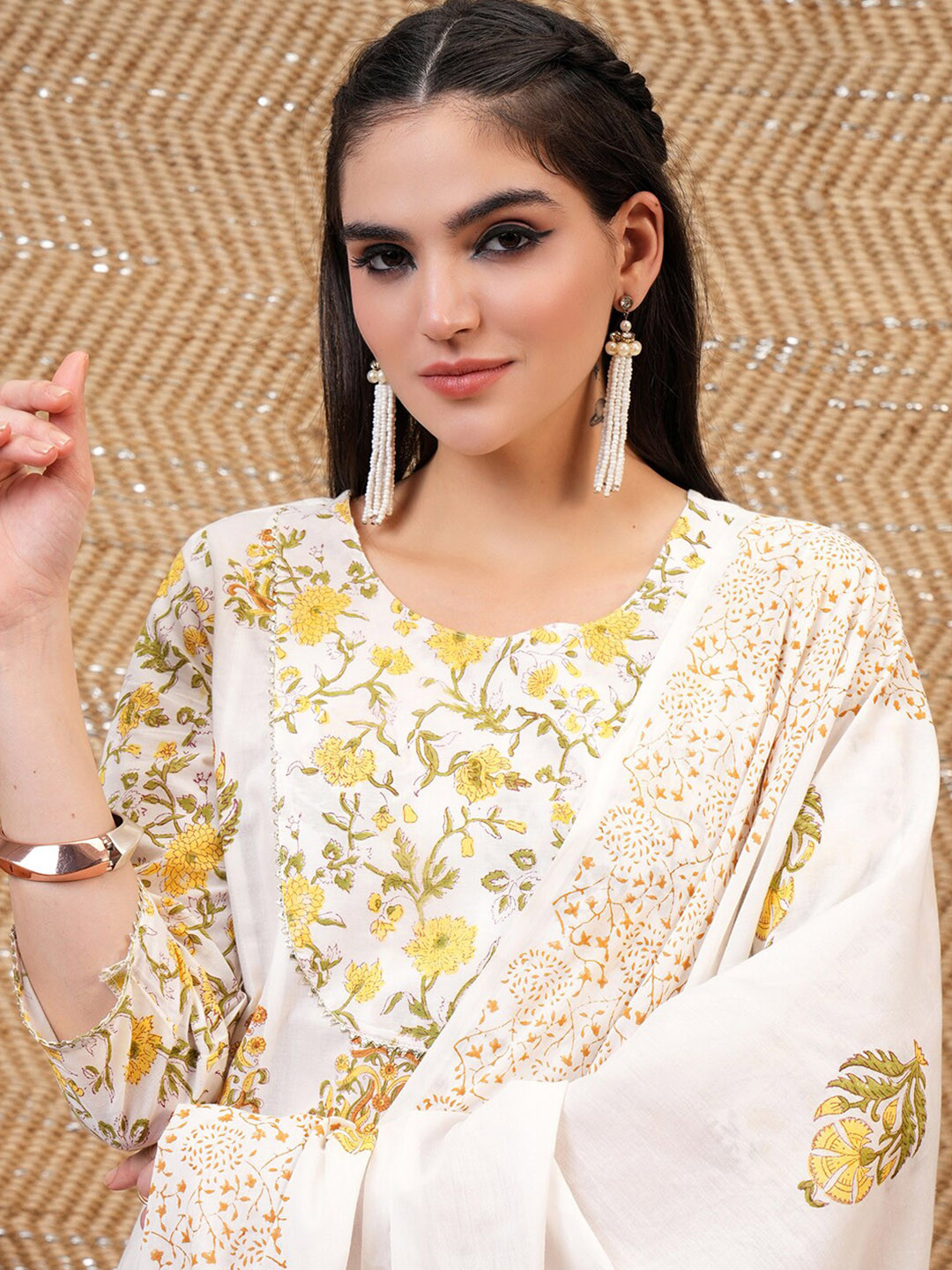 Vishudh White Ethnic Motifs Printed Pure Cotton Anarkali Kurta & Trouser With Dupatta