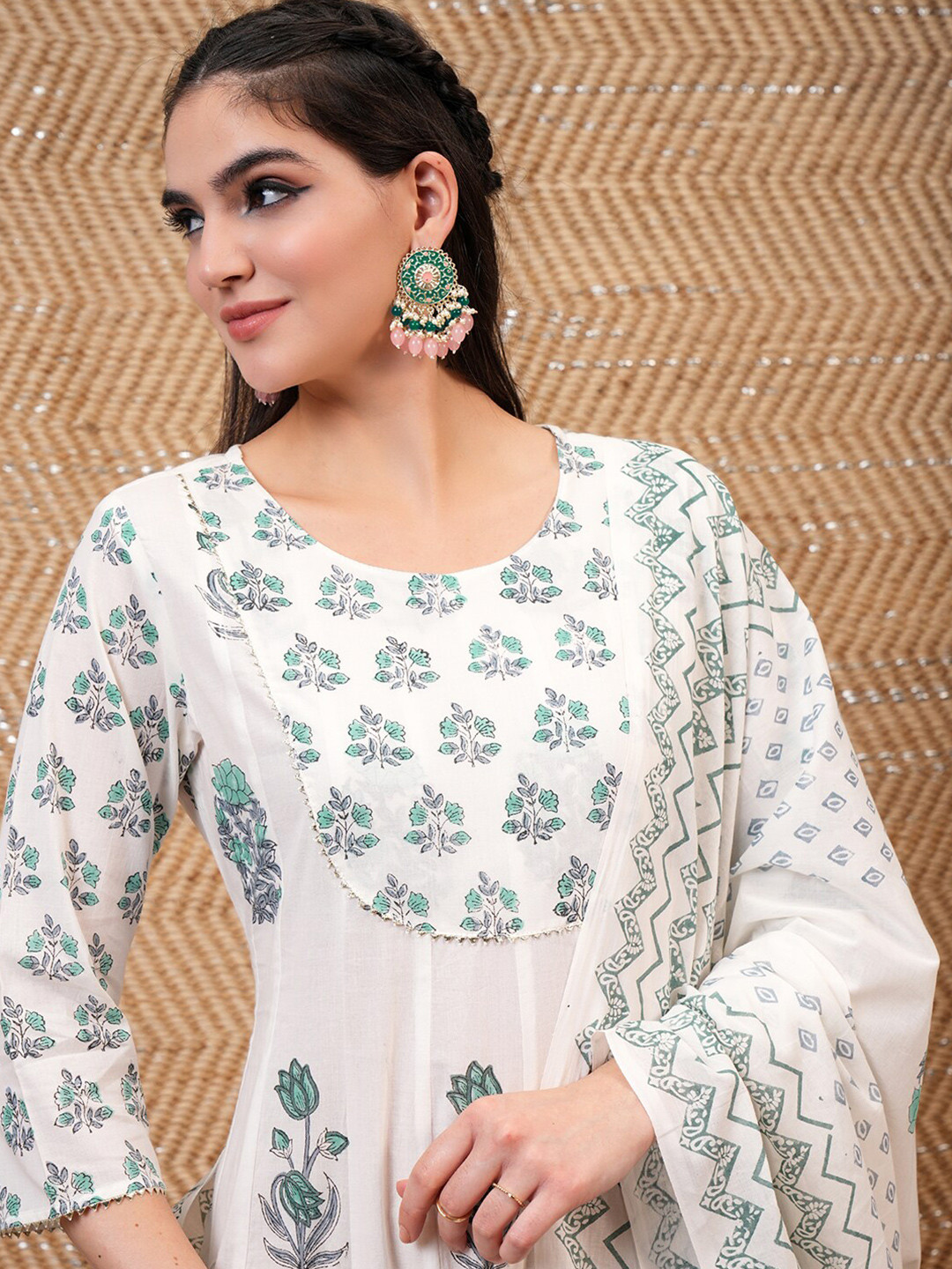 Vishudh White Floral Printed Pure Cotton Anarkali Kurta & Trouser With Dupatta